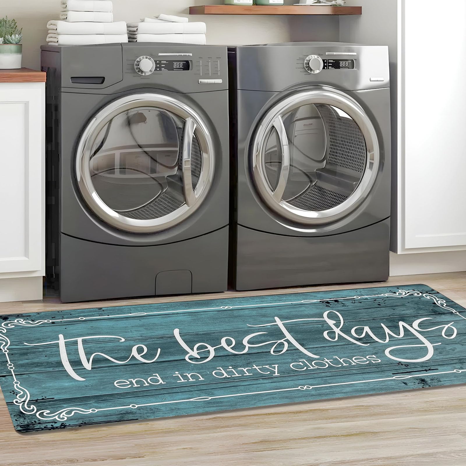 KOZYFLY Laundry Room Rug Runner 20"x60" Non Slip Kitchen Rugs Washable Laundry Room Mat Waterproof Mudroom Floor Carpet Runner Farmhouse Decor, 1.7x5ft, Cyan, The Best Days