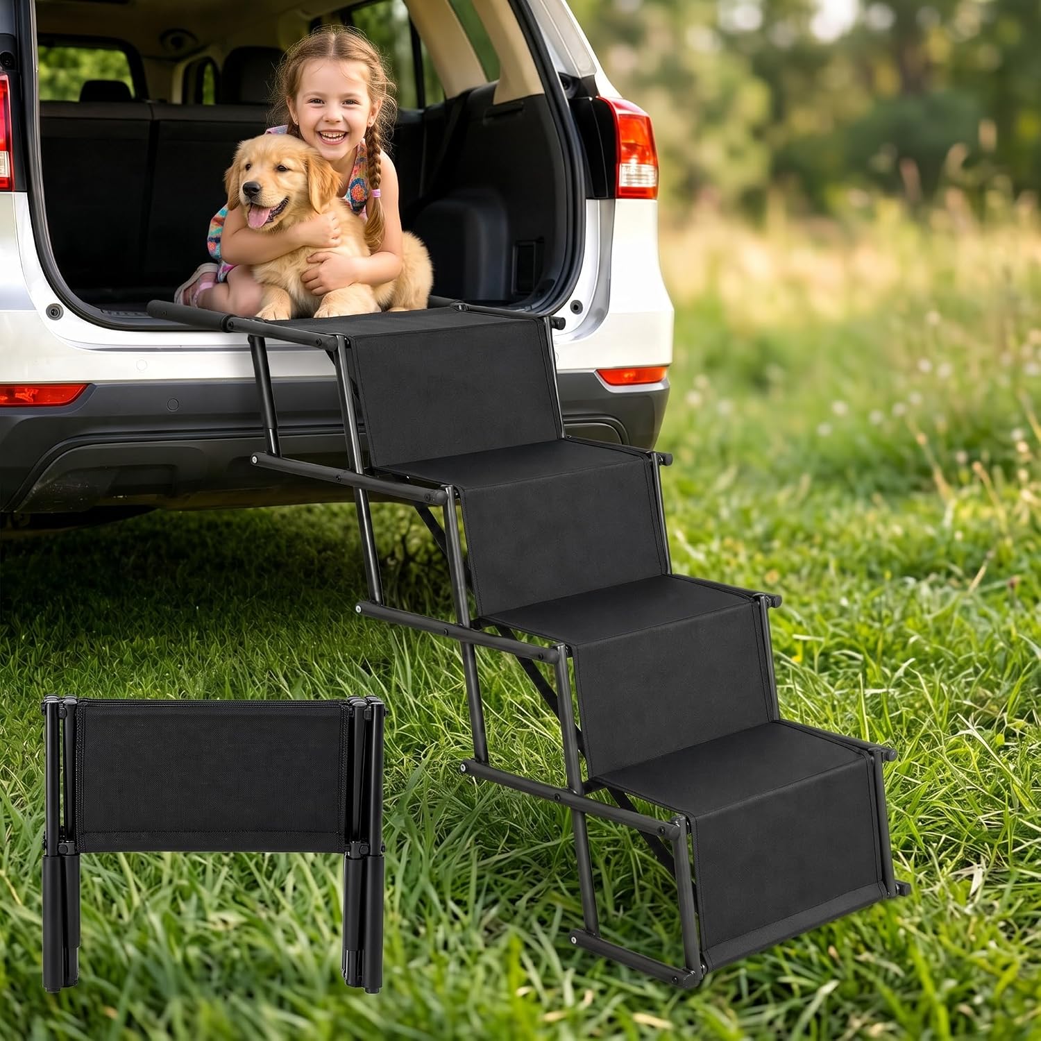 Foldable Dog Car Stairs, Non-Slip Dog Ramp for SUV Truck Small Middle Pet | Supports 176lbs, 600D Oxford Fabric with Steel-pipe Frame, for Car and Home Use (Sofa), Fold‑and‑Store, No Assembly Required