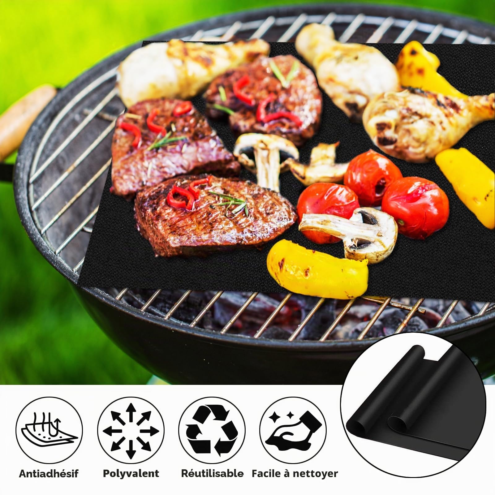 Lot de 5 Tapis Barbecue 60x40cm Anti-adhérent Téflon Réutilisable avec Brosse et Clip