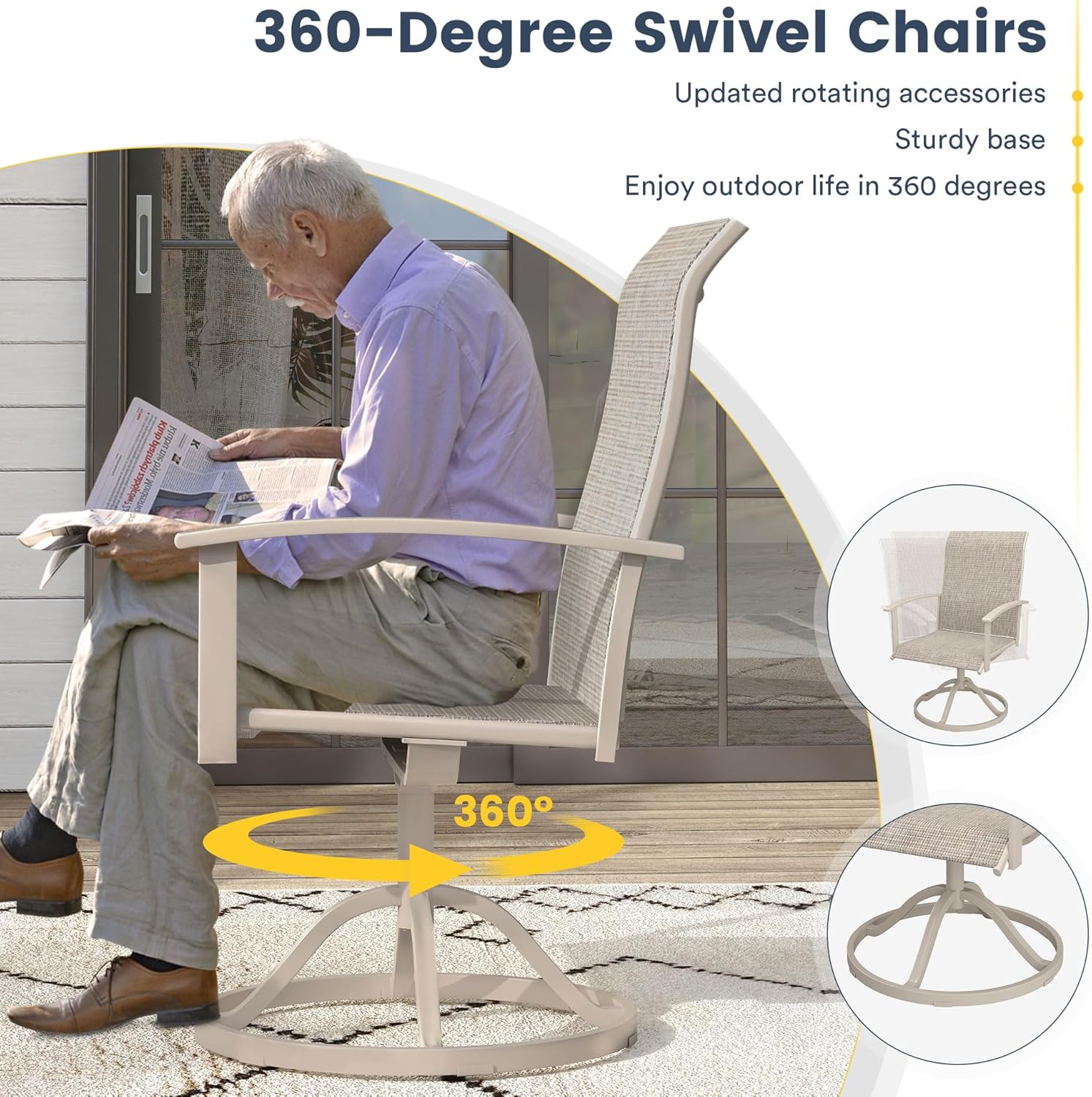 VICLLAX Swivel Patio Chairs Set of 4, High Back Textilene Patio Dining Chairs for Lawn Garden, Sandshell Color Fabric