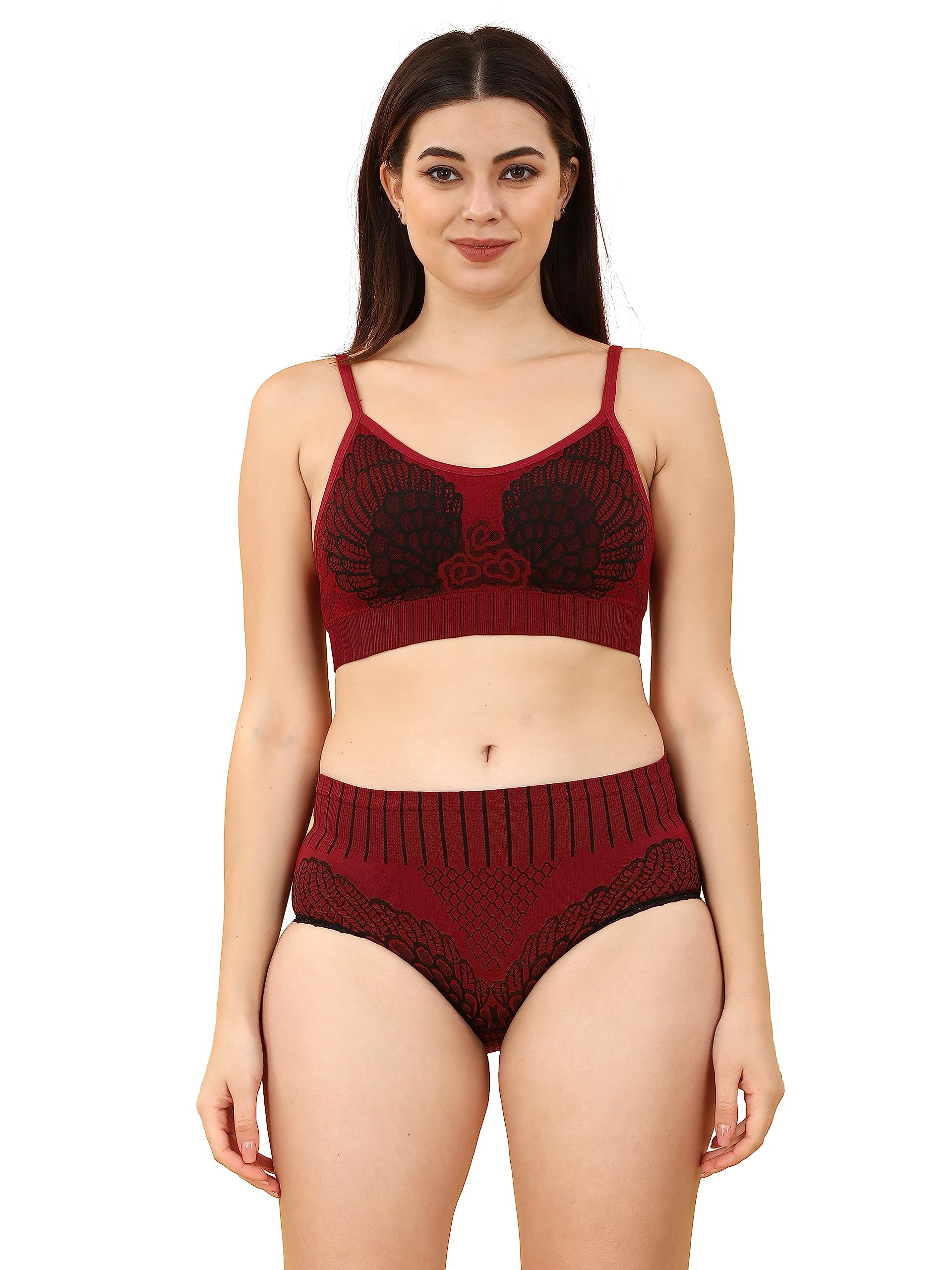 Women's Polyamide Bra Panty Lingerie Set(YL001_LBW, Size Fit to : 30 to 36) Maroon-image-30