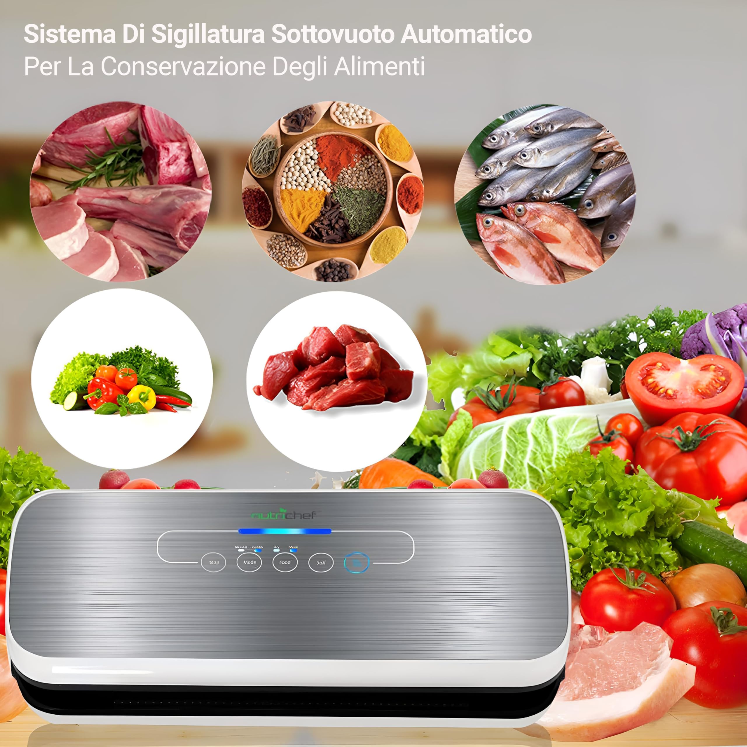 Nutrichef Sottovuoto Automatico per Conservazione Alimenti, Sistema di Chiusura ad Aria, con Starter Kit, Design Compatto, Modalità Secco/Umido, Indicatore LED, Colore Argento