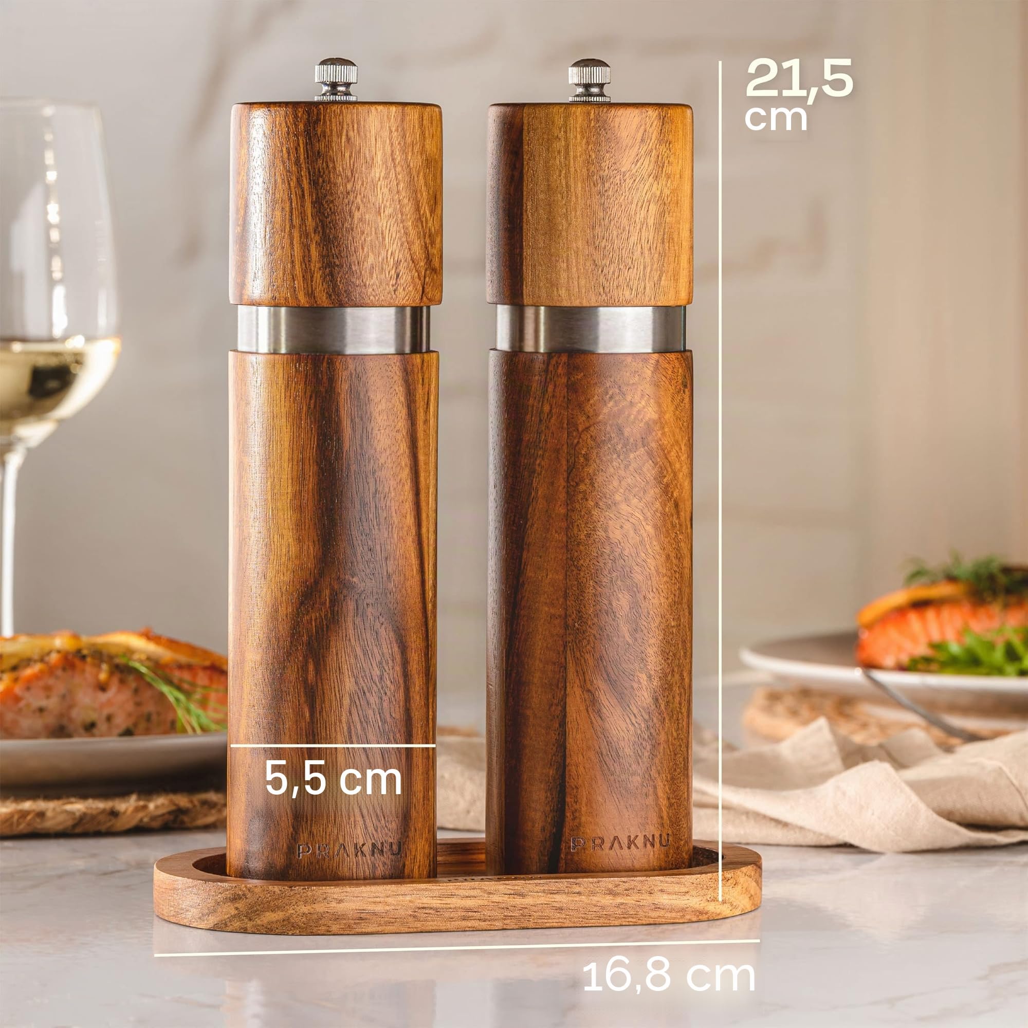 Set di Macinini per Sale e Pepe in Legno di Acacia - Con Protezione per il Tavolo - Legno FSC® Sostenibile - Meccanismo in Ceramica Durevole