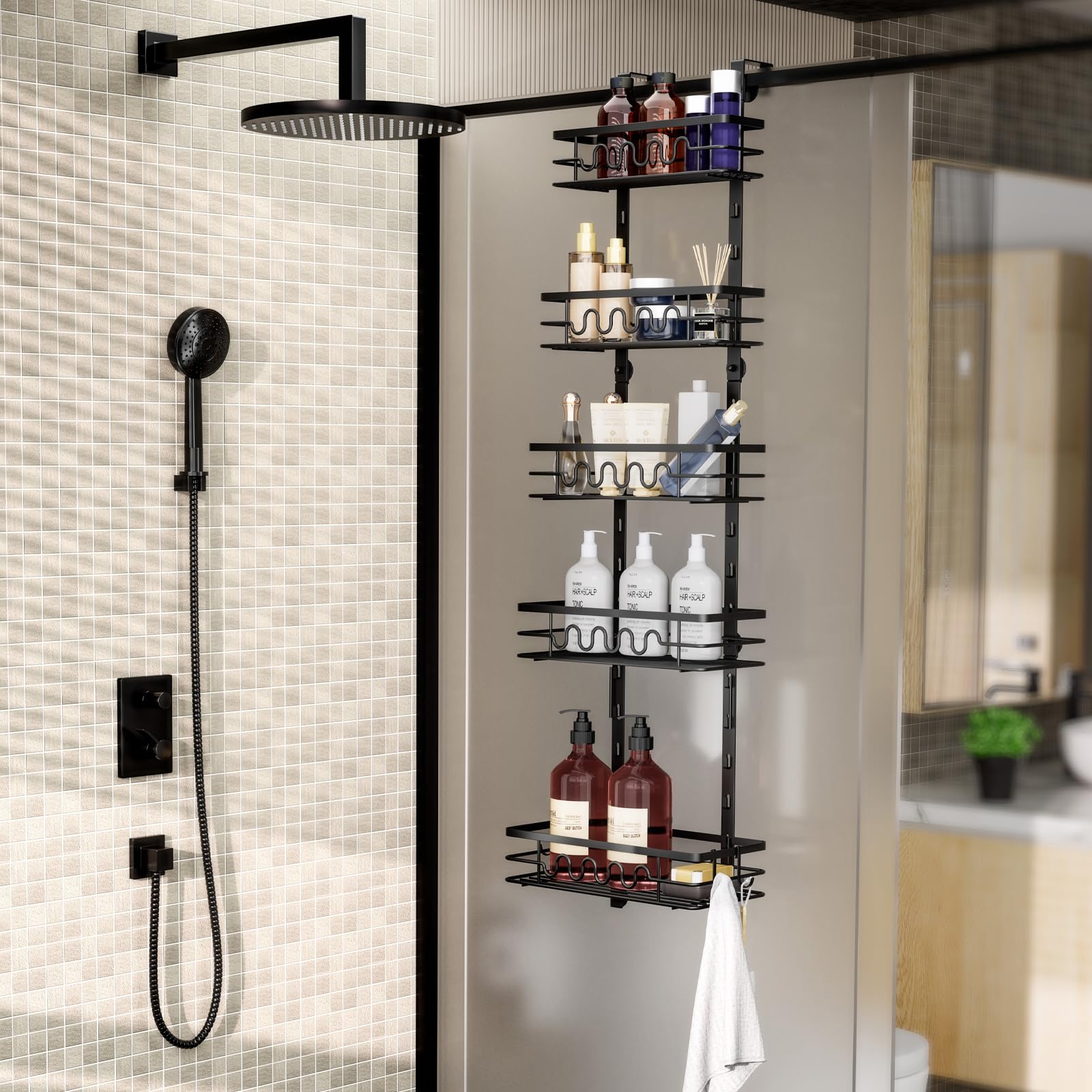 Mensola Portaoggetti Angolare Regolabile Per Doccia, 4 Cestelli, Con