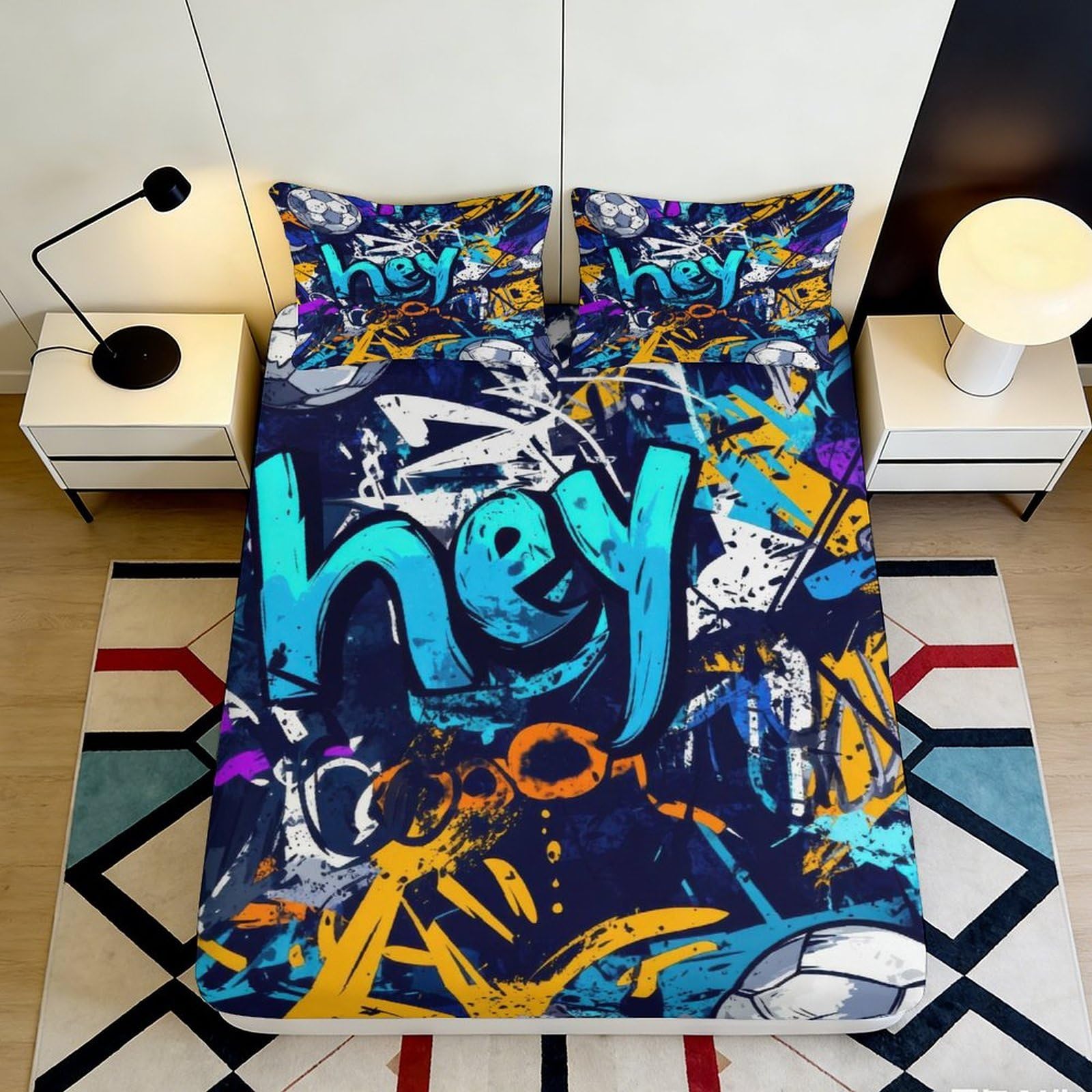 3D Printed Graffiti Fitted Sheet Microfiber Deep Pocket Non-Slip Graffiti Mattress Fitted Cover for Teen Bedroom Bedding 140x200x25cm