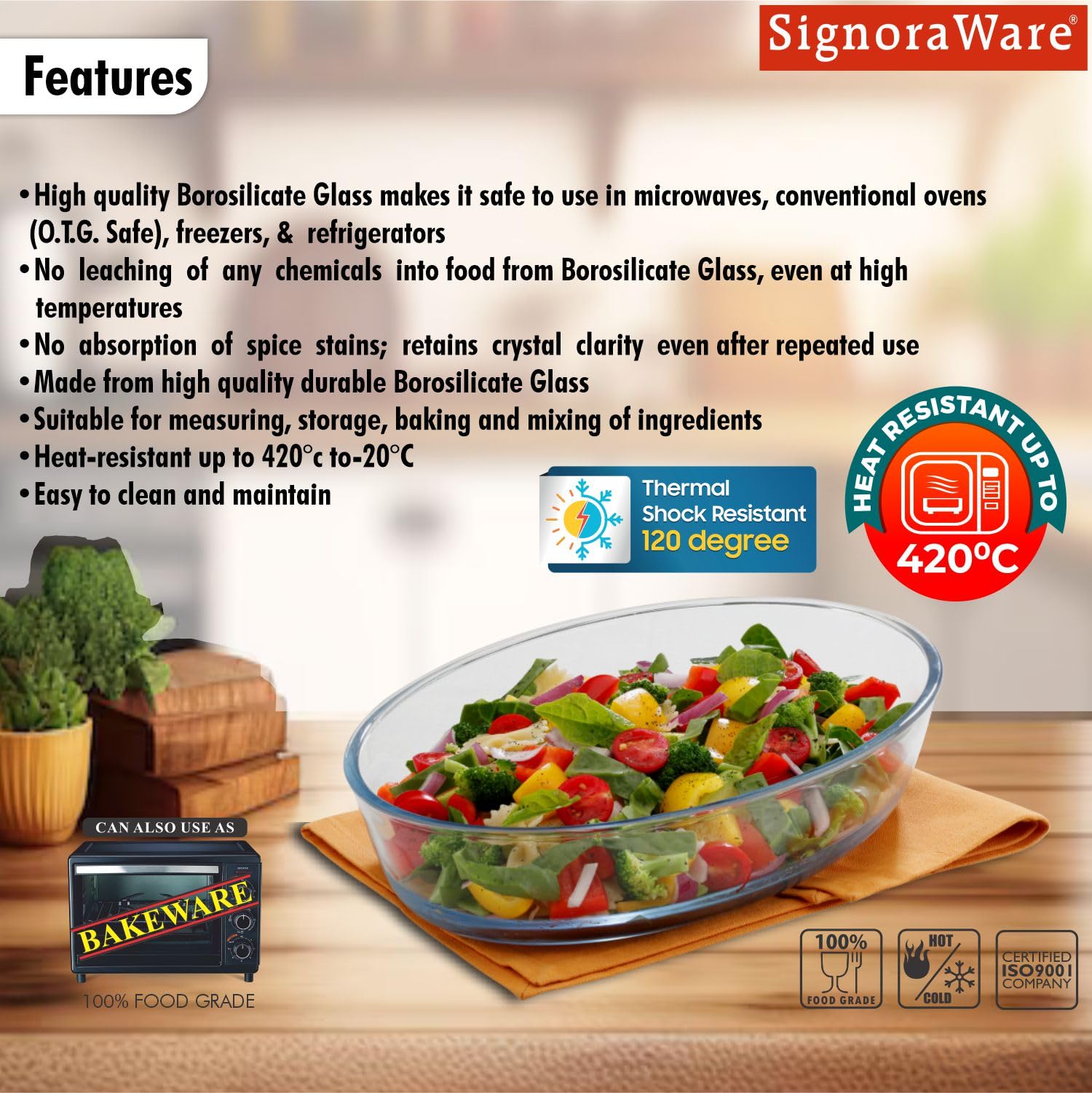SignoraWare Bake 'N' Serve Borosilicate Glass Oval Dish | Crystal clarity | High Heat Resistant | Dishwasher, Microwave & Oven Safe | Baking & Serving | Multipurpose use ( 1.6 Ltr | Clear ) 3