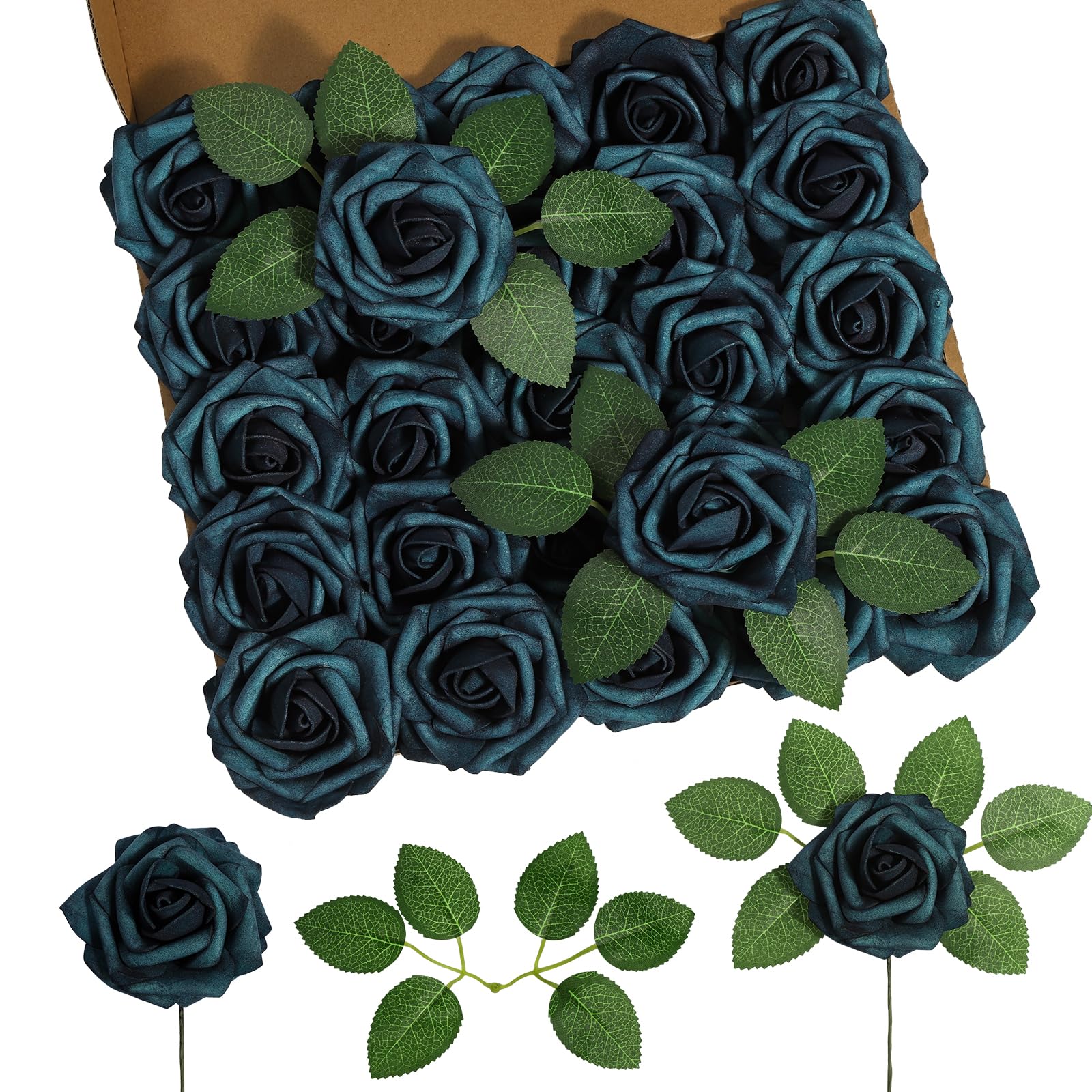 DuHouse 25Pcs Artificial Roses Flowers Fake Rose with Stems Real Touch Foam Flower Head for DIY Wedding Bridal Bouquet Baby Shower Centerpiece Floral Arrangement Party Home Decor(Peacock Blue)