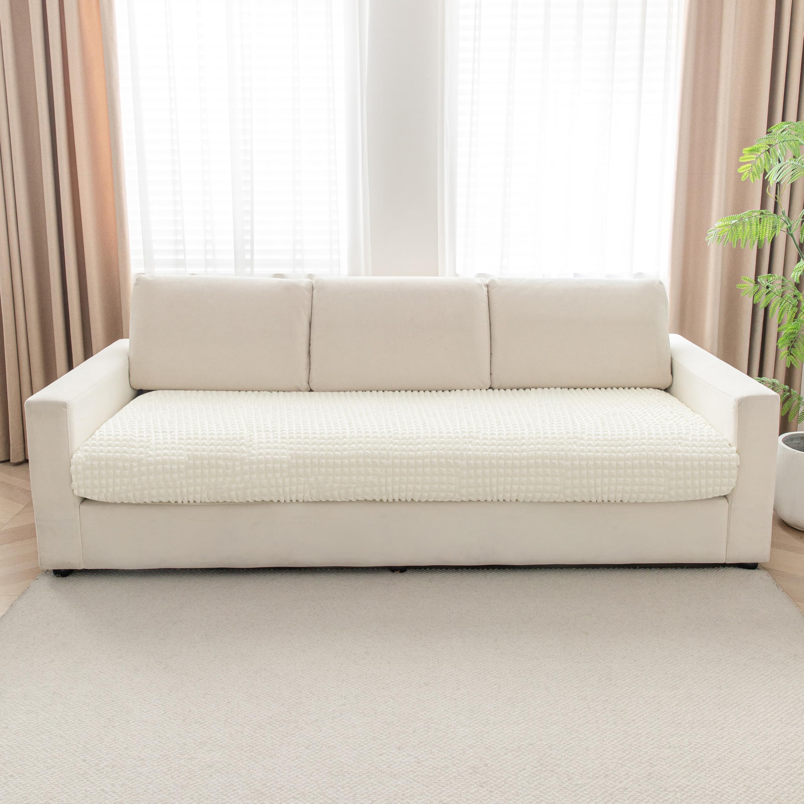 HOKIPO 240gsm Stretchable Elastic Bubble Seat Cushion Cover, 3 Seater, Ivory (NEW-AR-5947-WHT)-image-5
