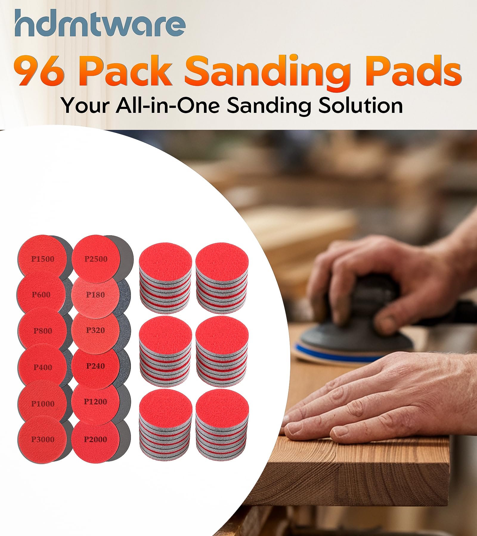 96Pcs 2-inch sanding pads, 12 grit sizes: 8 discs each of 180 to 3000 grit - Image 7