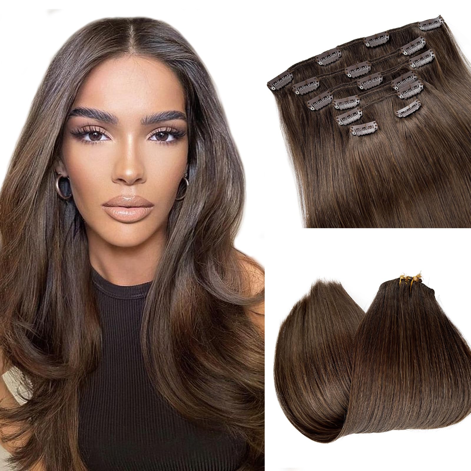 Dark Brown Clip in Hair Extensions Real Human Hair 18 Inch Invisible Straight Clip in Human Hair Extensions for Women Double Weft Seamless Brown Remy Hair Clip ins