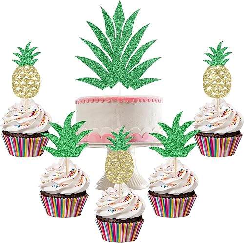 Decoración para tartas de hojas de piña y hojas de piña, adornos tropicales para tartas de cumpleaños hawaianas, luau, cupcakes, para comida