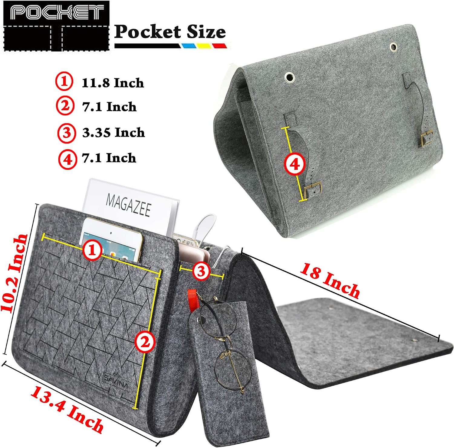 SAVINA Bedside Caddy/Sofa Armrest Bag - 13.5" x 10.2" Felt Handmade Hanging Storage Bag - Book, Remote, Magazines, Phone Holders for Sofa Side, Bed Rails, Dorms, Bunk