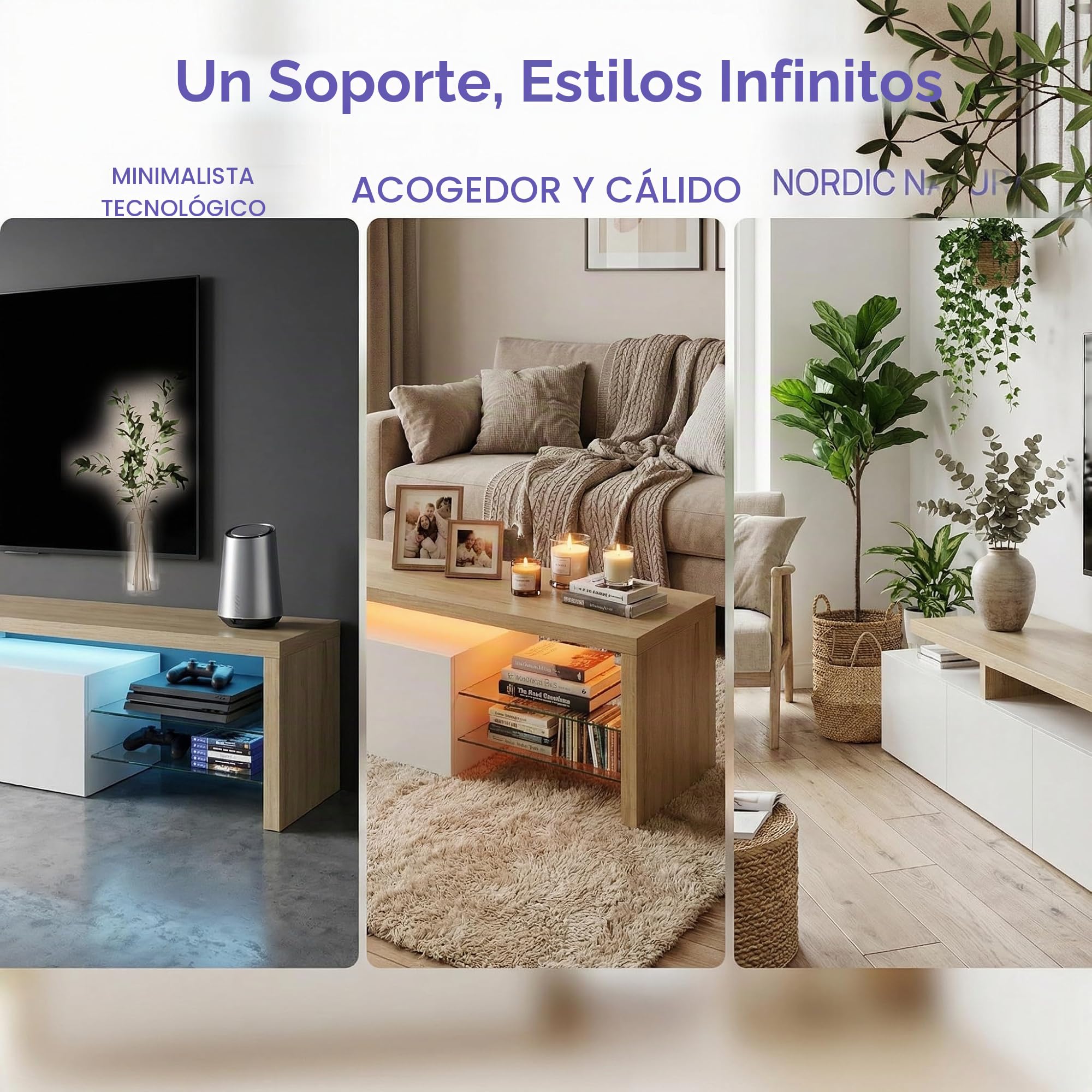 Mueble TV LED 200 Cm, Muebles TV con Estante De Cristal, Mueble TV para Salón, Banco TV Moderno De Madera con 3 Armarios, Armario Bajo para Salón, Blanco