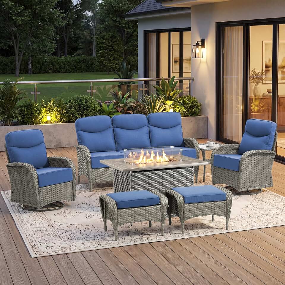 7-Piece Luxury Patio Furniture Set with 6-Inch Thick Cushions, High-Back Outdoor Sofa & Swivel Rocking Chairs with Wicker 42" Fire Pit, All-Weather Conversation Set for Porch, Deck, Yard – Gray/Blue