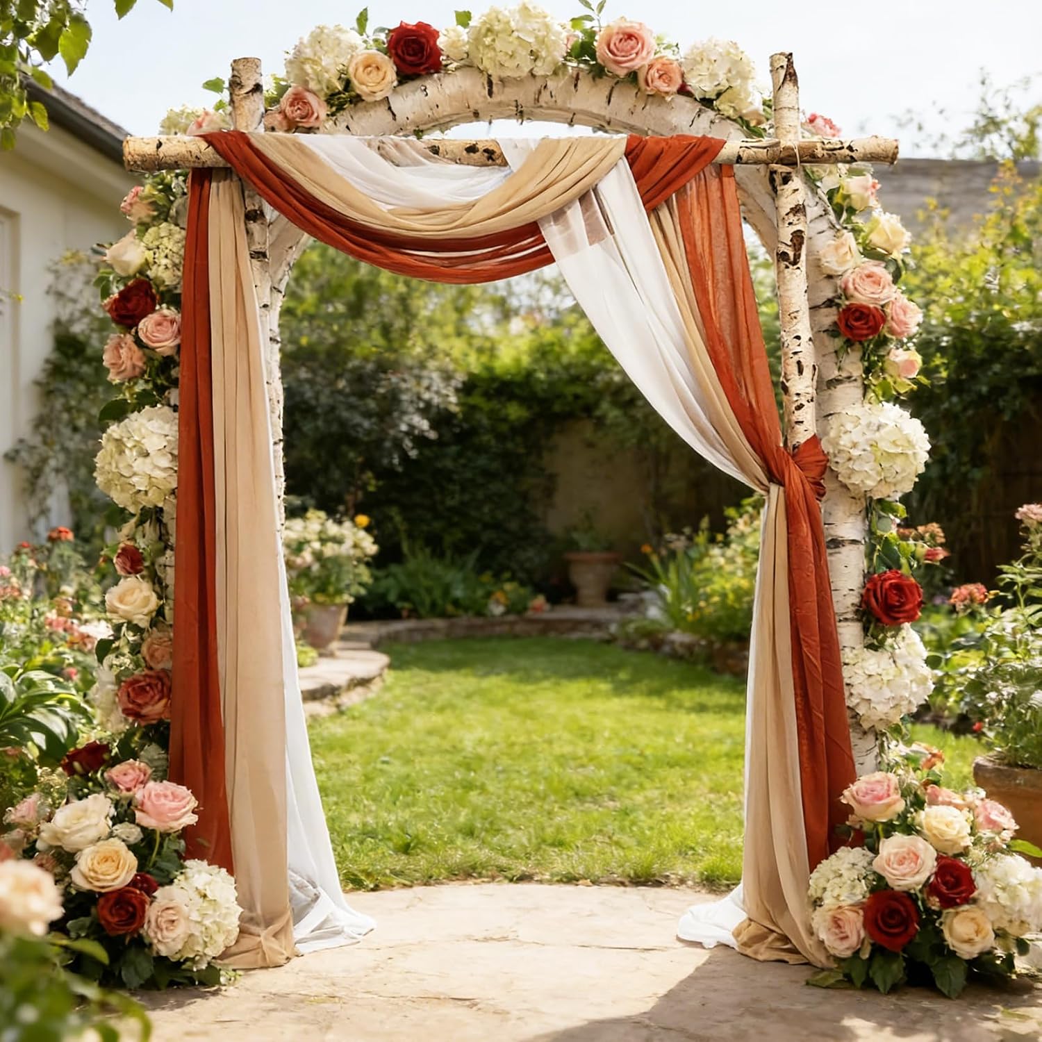Garvee 2.5x19.5 ft Wedding Arch Draping Fabric, 3 Panels Draping Fabric Arbor Drapery for Party Bridal Ceremony Backdrop Wedding Stage Reception Decorations, Light Brown, Brick Red & White