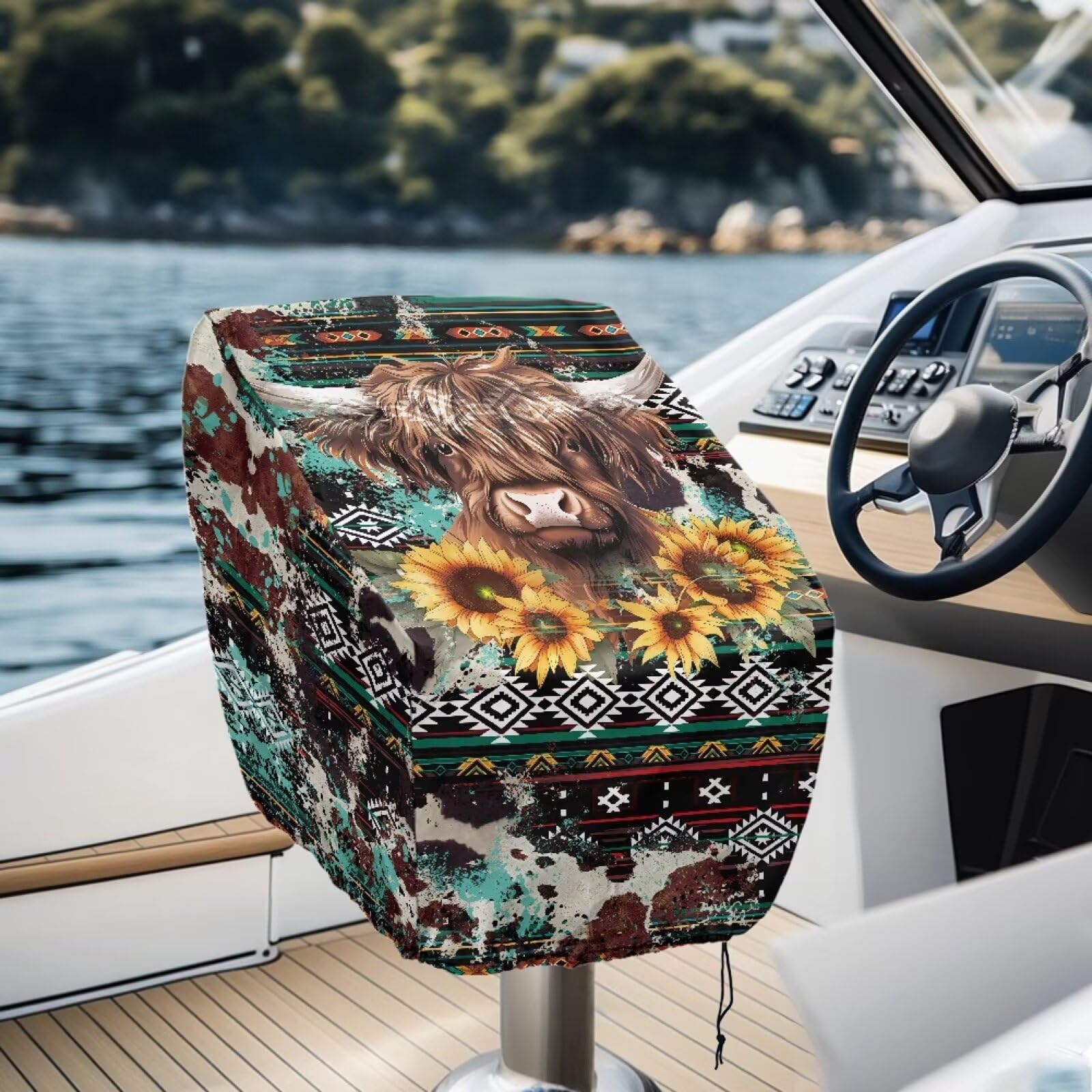 Boatee 2pcs Boat Seat Cover Highland Cow Sunflower Captain Chair Helmsman Dust Waterproof Furniture Brown Navajo Boat Seats Fishing Chair Covers for High-Back Folding Boat Seat