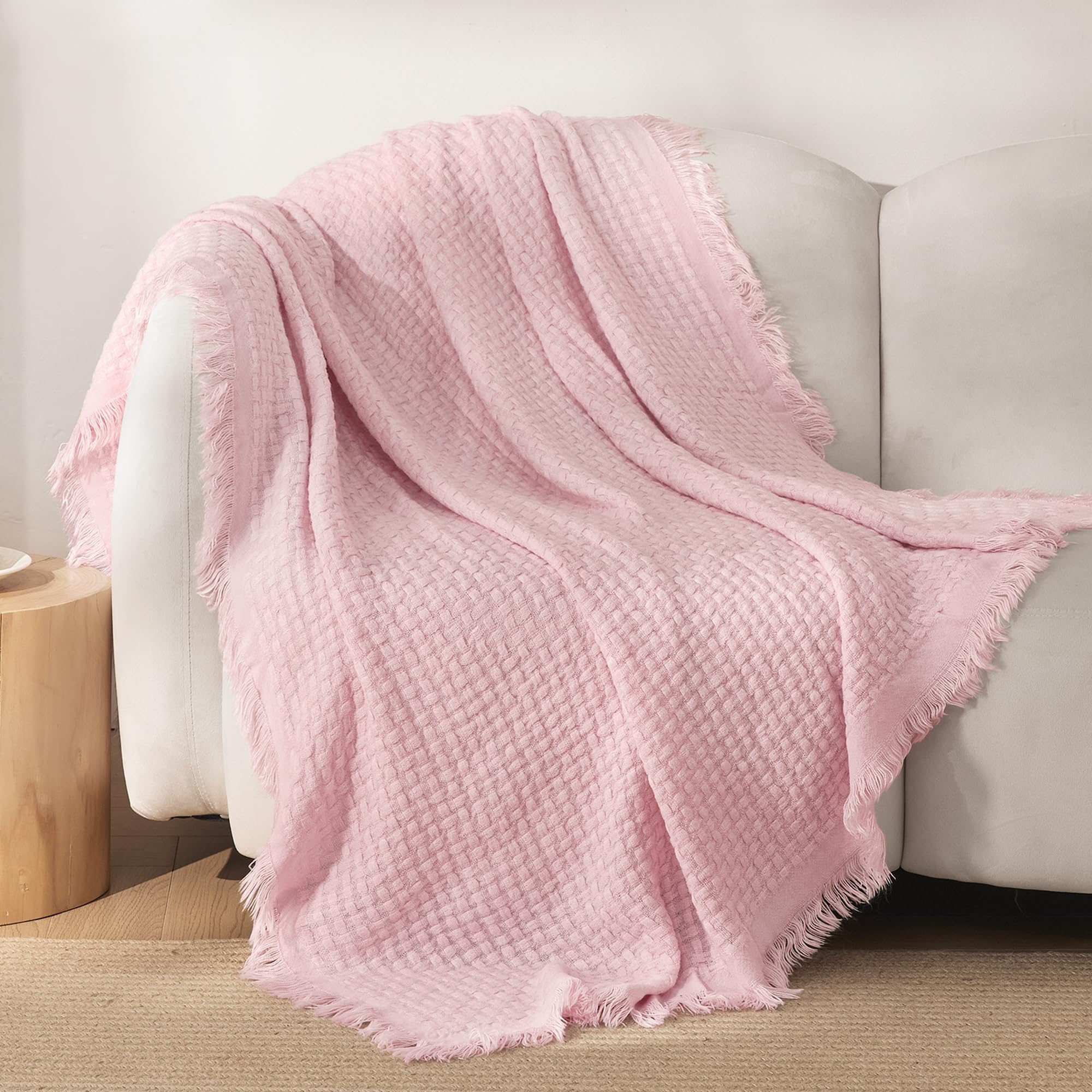 Exclusivo Mezcla Knit Throw Blanket with Fringes for Sofa, Light Pink โ image 1