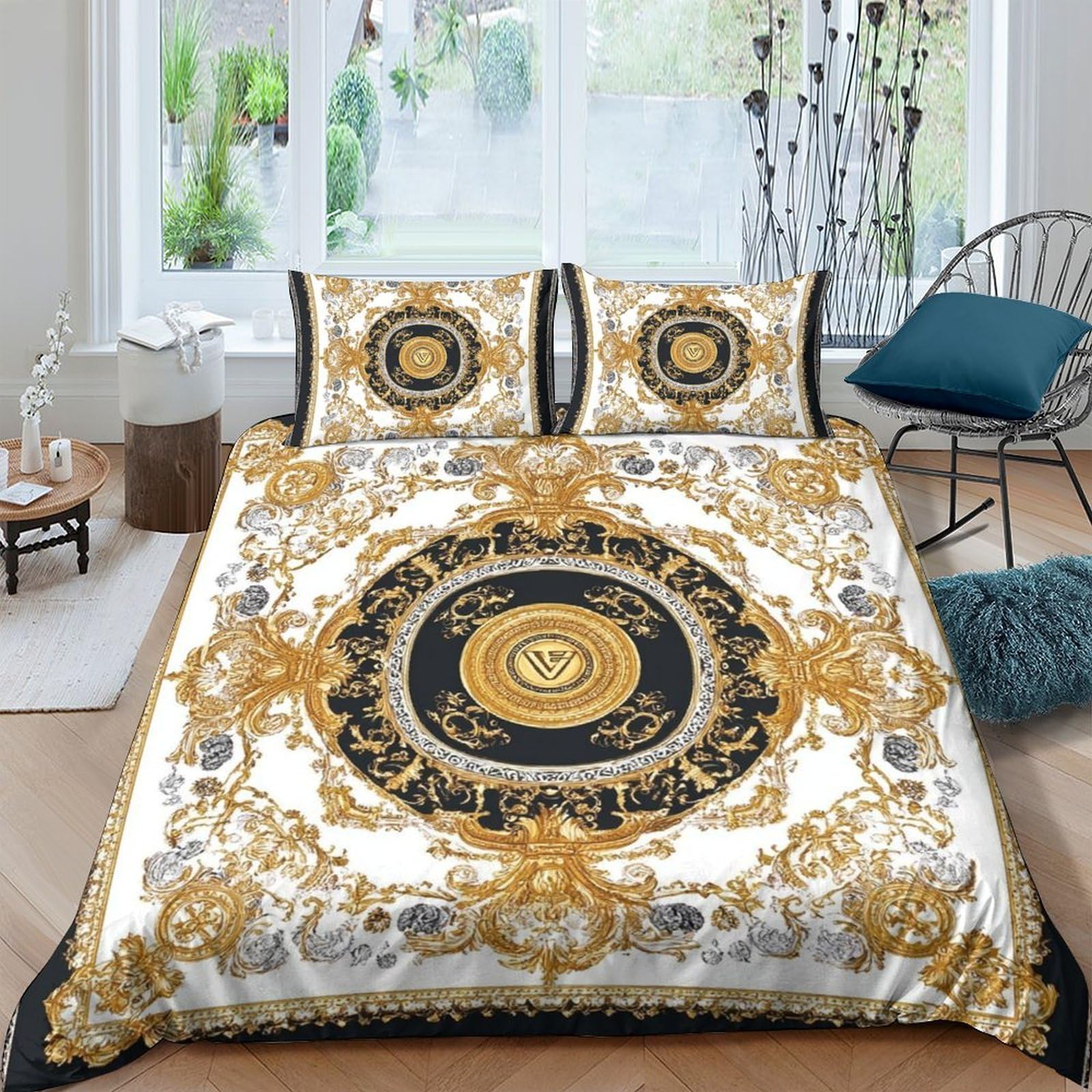 Ctjqhvkz Style-10 3D Printed Baroque Gold Fitted Sheet Microfiber Elegant Black Ornate Mattress Cover For Bedroom Dorm Decor Single（135X200cm）