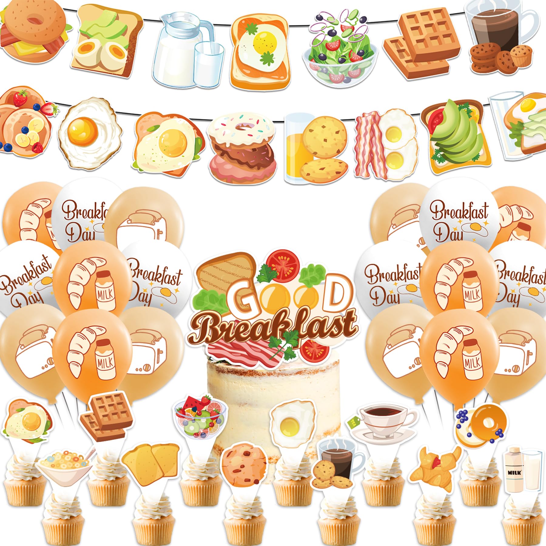 Breakfast Birthday Party Decorations Set, Brunch Party Supplies Breakfast Banner Cake Topper Cupcake Toppers Balloons for Breakfast Party Decorations