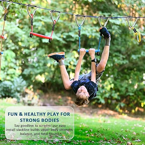 Miniatura 5 de Carrera de obstáculos Ninja Warrior para niños, kit de línea floja de 2 x 56 pies con 8 accesorios ninja, barra de mono, escalera de cuerda, anillo