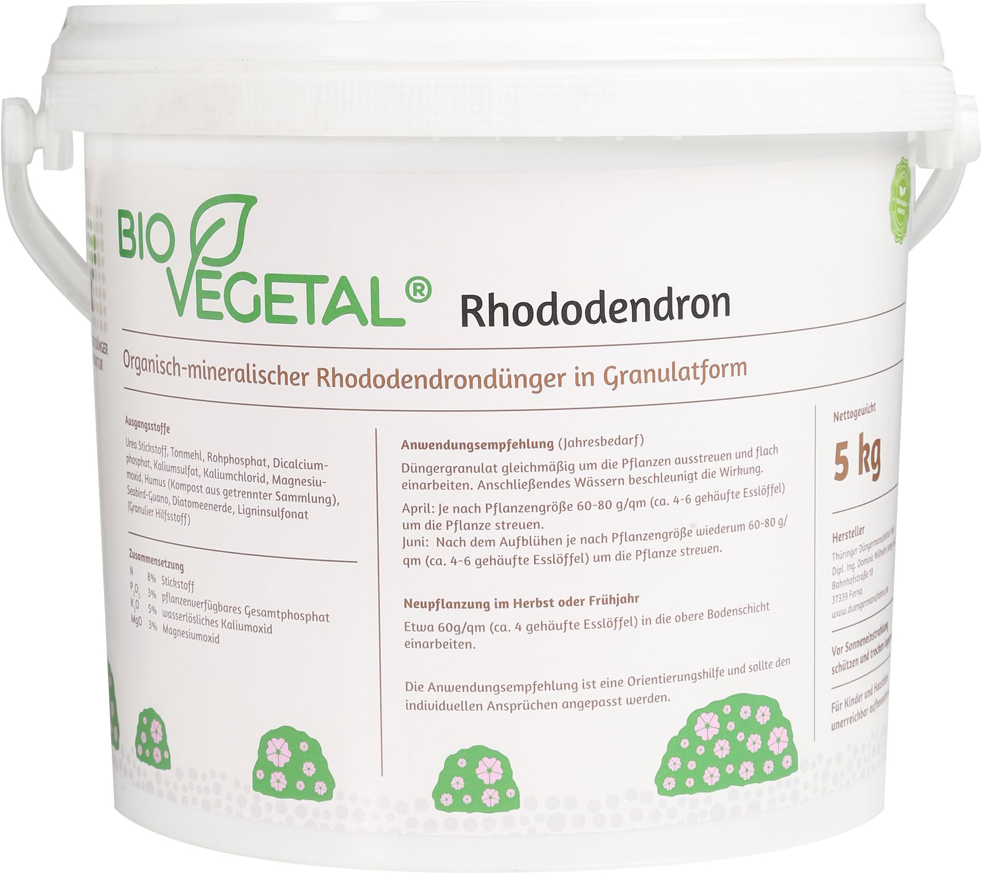 BioVegetal Rhododendron fertiliser with guano and natural long-term effect by fixing the nutrients by clay (also very suitable for hydrangea), 5 kg bucket