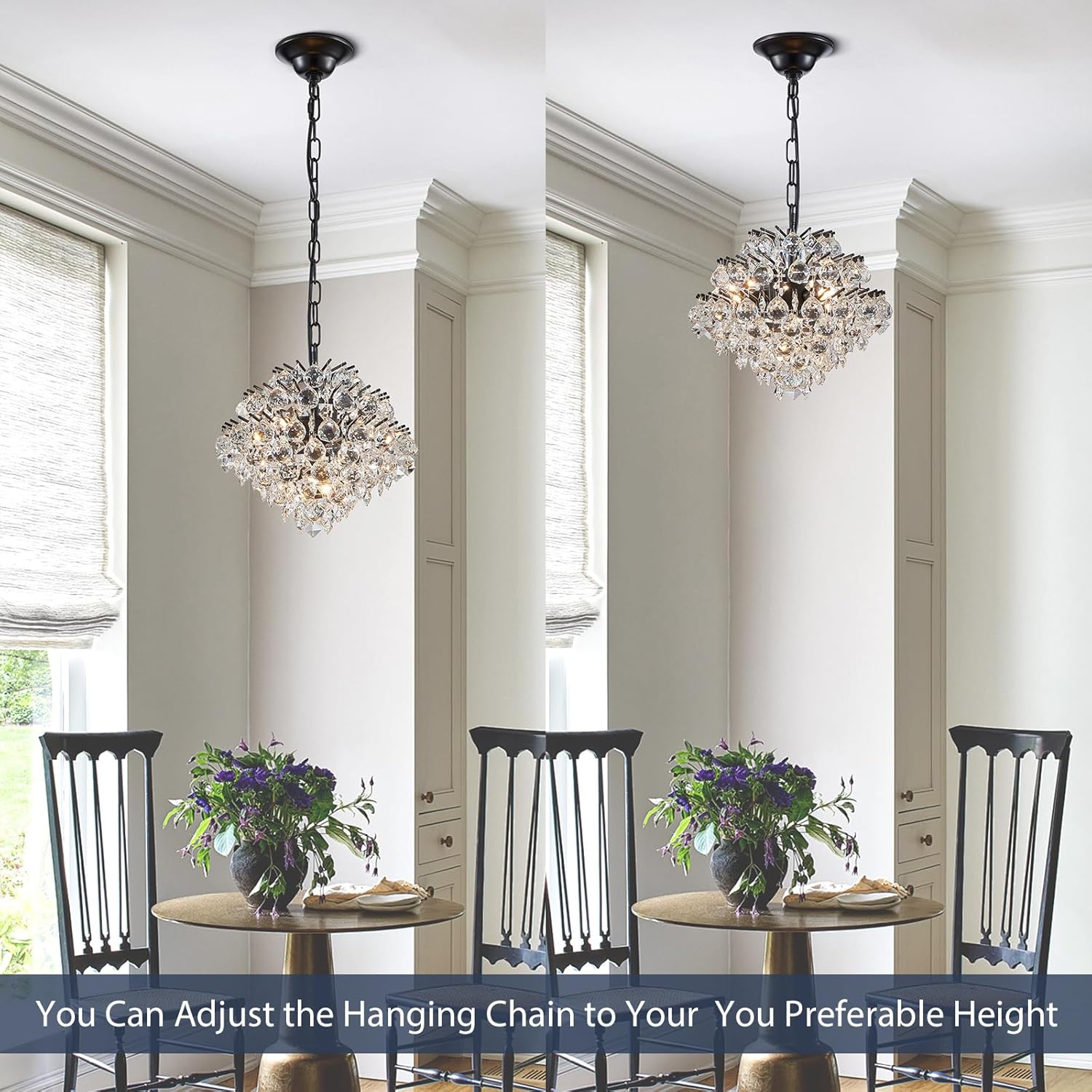 Bestier Black Modern Pendant Chandelier Crystal Raindrop Lighting Ceiling Light Fixture Lamp for Dining Room Bathroom Bedroom Livingroom 4 G9 Bulbs Required D11 in x H12 in