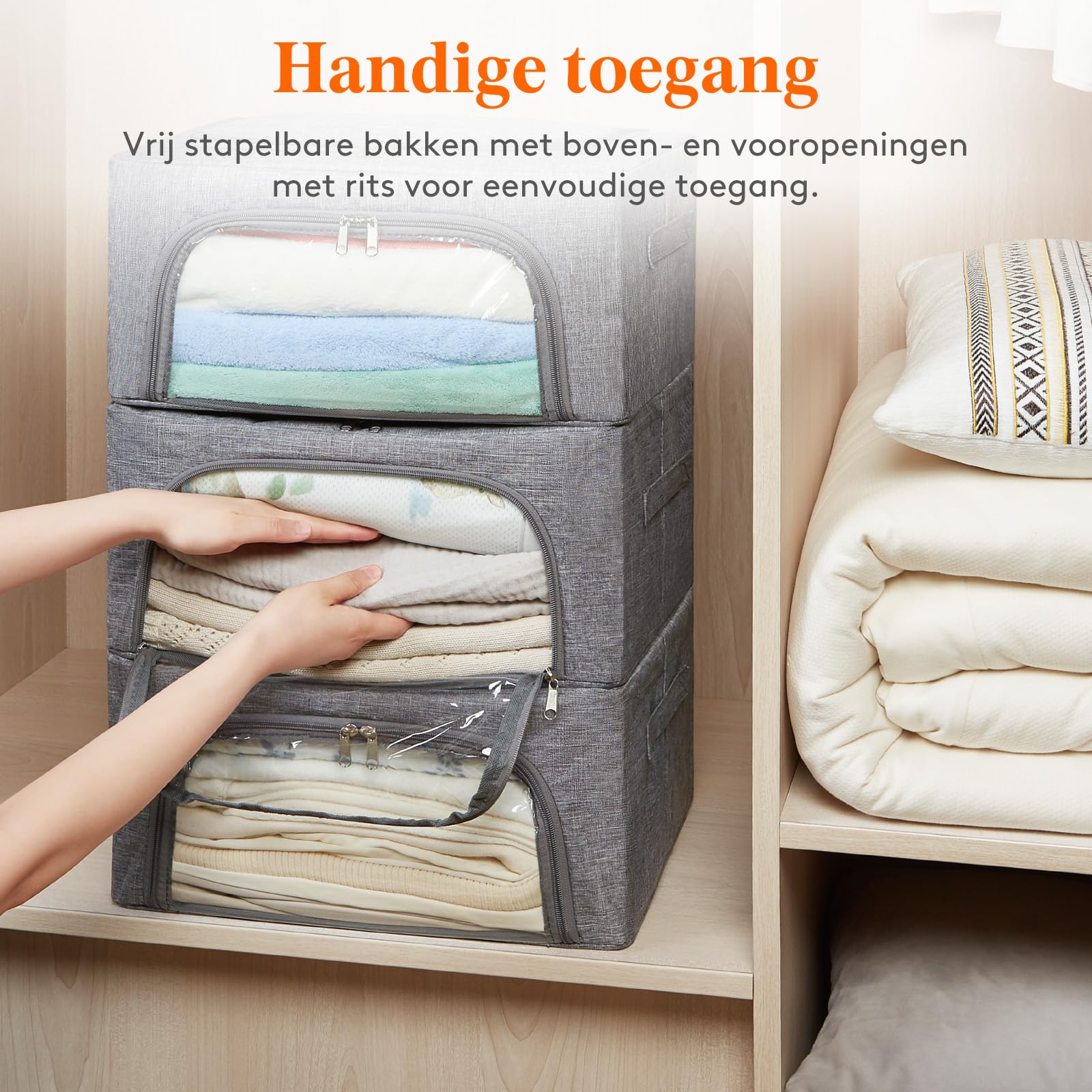 Lifewit Kleding Opbergbakken met Metalen Frame, Stapelbare Opbergdoos, Opvouwbare Kledingbakken met Deksel, 40L Opbergzakken Stoffen Doos Organizer met Doorzichtig Venster＆ Ritsen＆ Handgrepen 4 Pack