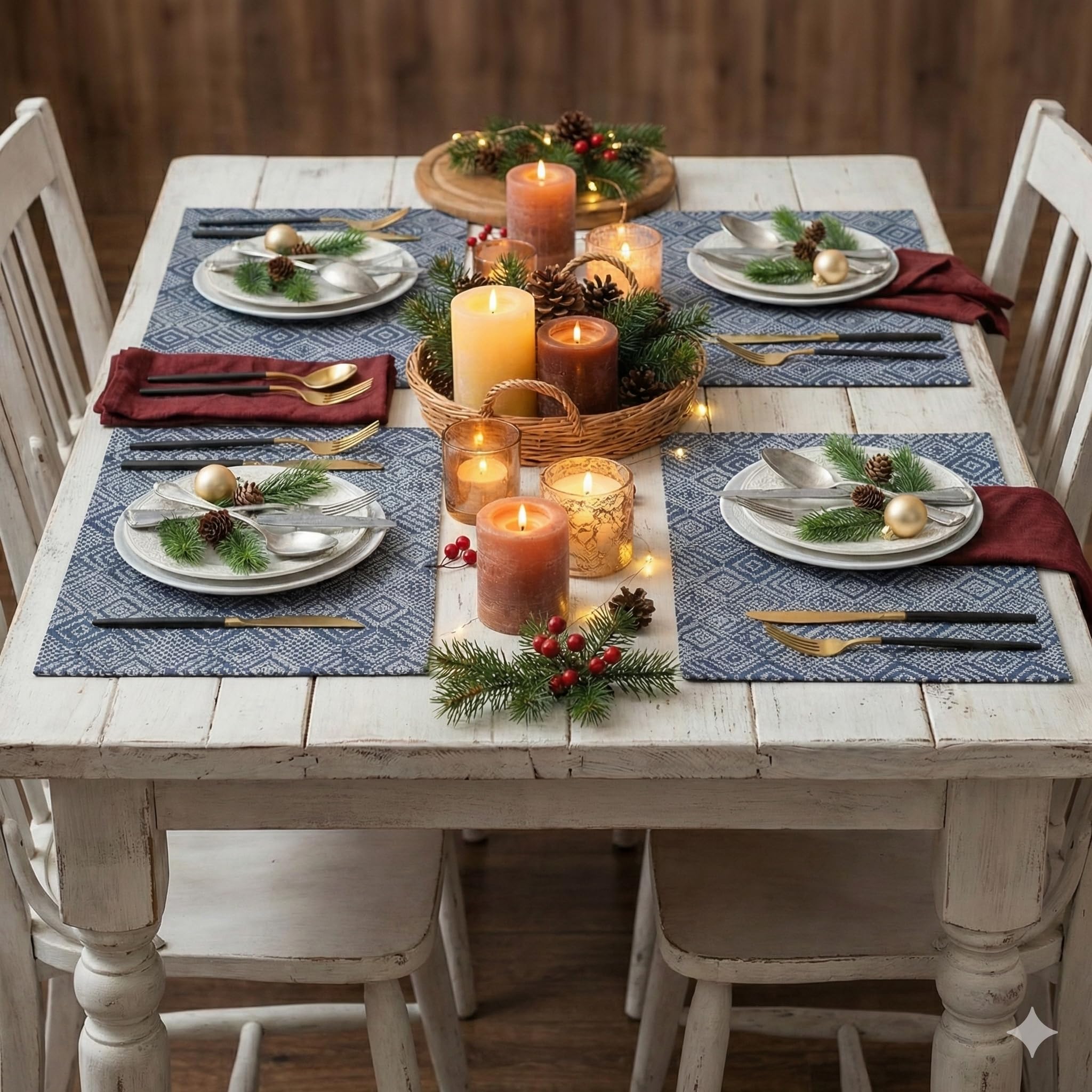 YELONA Placemats Set of 4, Heat-Resistant Woven Vinyl Table Mats, Non-Slip & Washable Dining Tablemats for Kitchen & Dinner Decor, Blue & White (45cm x 30cm)