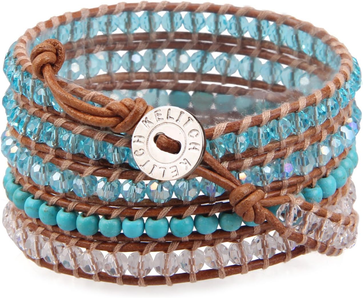 KELITCH Pearl Crystal Beads Bracelets Handmade Natural Leather 5 Wrap Bracelet for Women Classic Bangle Jewelry - Image 2