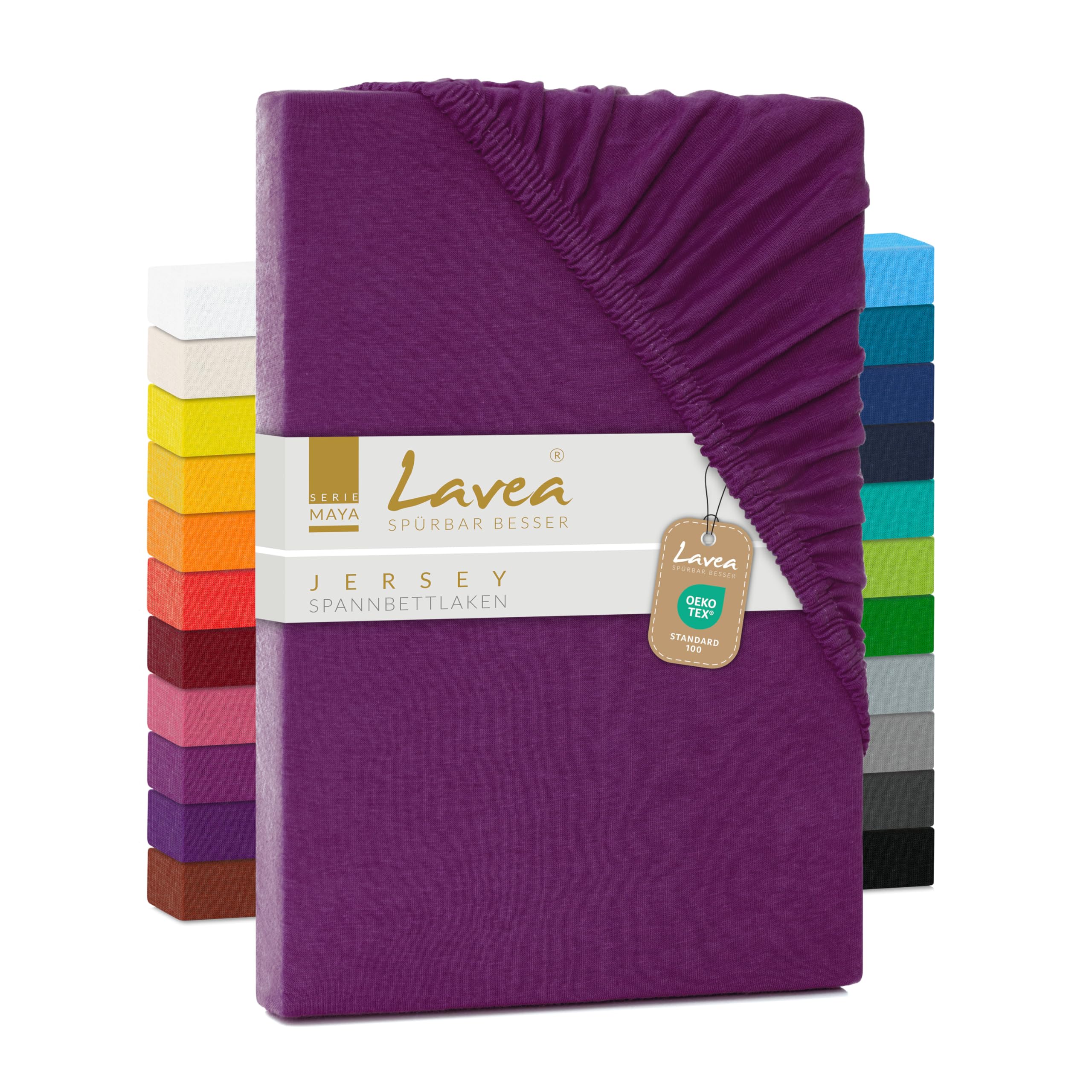 Lavea Jersey fitted sheet, Maya series, 90 x 200 cm, 100 x 200 cm, dark purple, 100% cotton, high-quality workman, with elastic band.