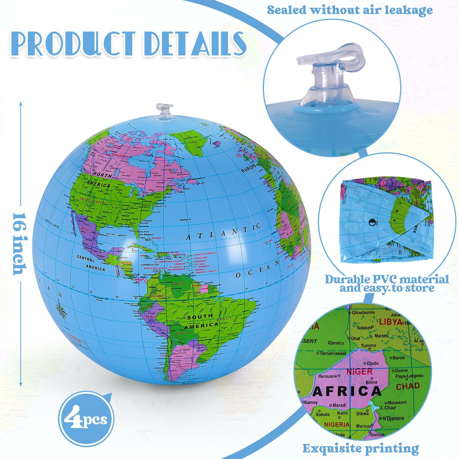 YOTHORN 4 Pcs 16 Inch Inflatable Globe,Blow up World Globe Beach Ball,Inflatable Earth Beach Ball for Beach Playing or Teaching,Party Bags,Summer Pool Party,PVC Material - Image 2