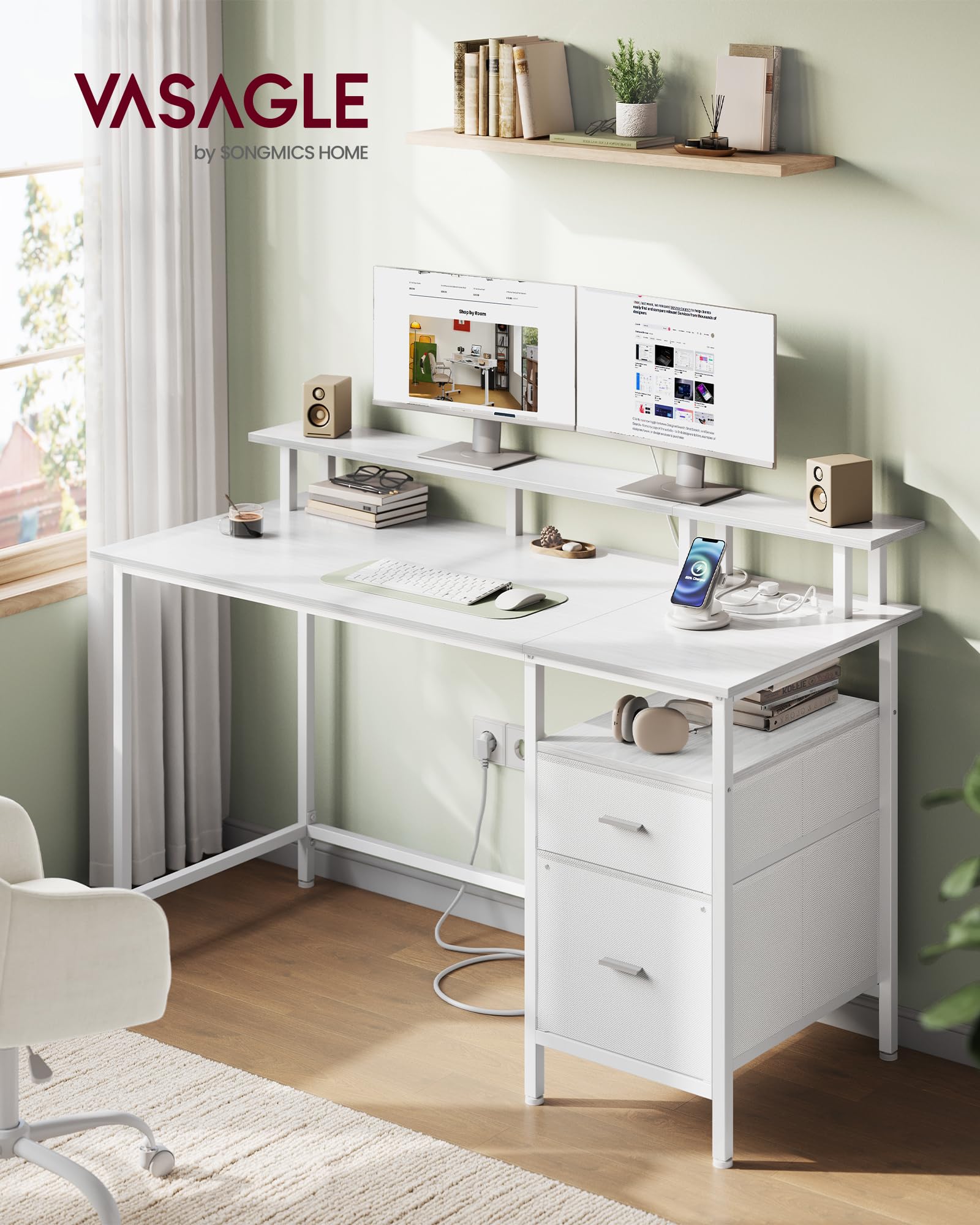 VASAGLE Bureau Gaming, avec Tiroirs en Tissu, Table Informatique avec Support d'Écran, Multiprise, 2 Ports USB, pour Bureau à Domicile, 140 x 60 cm, Blanc Érable LWD094W01V1