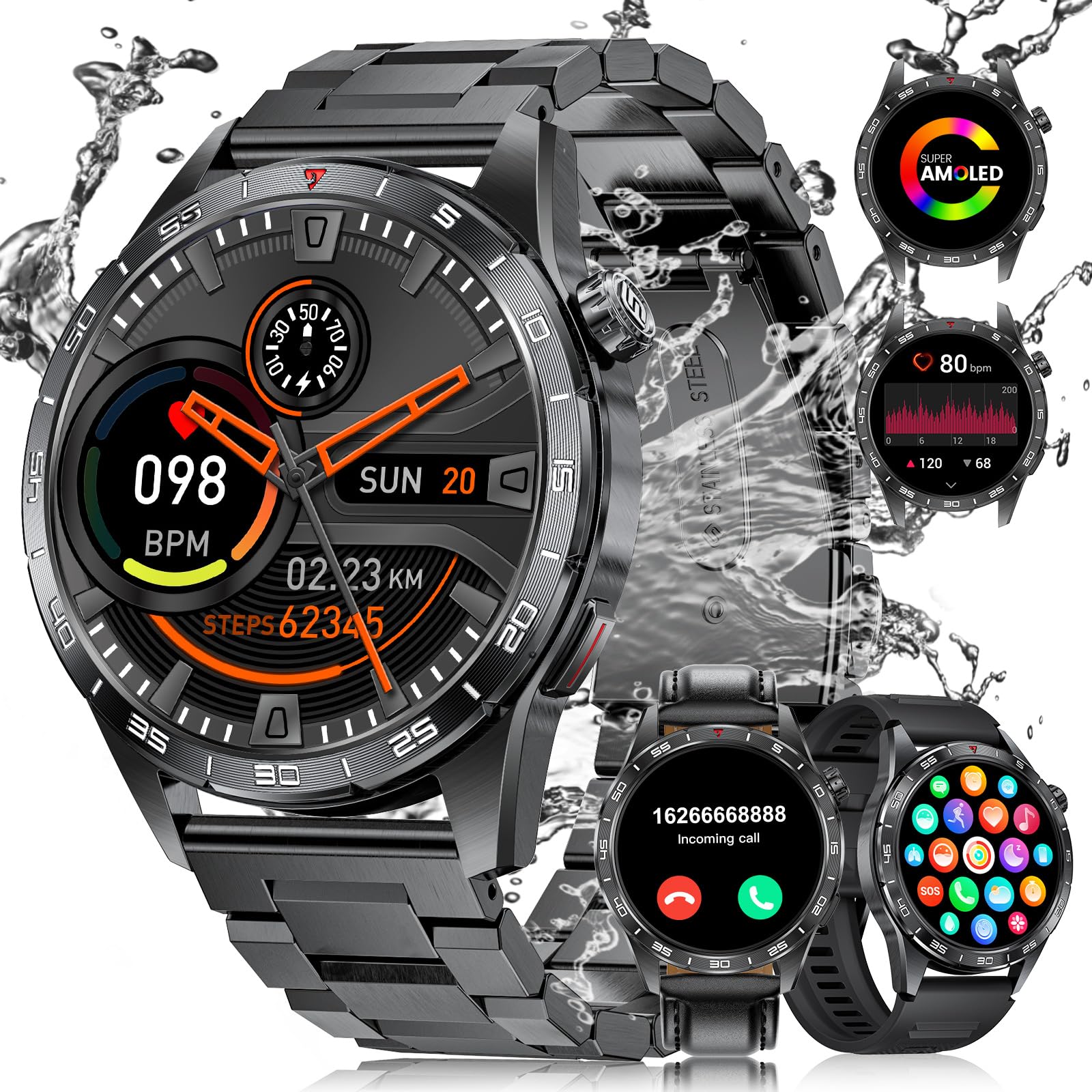 FOXBOXSmart Watch for Men (3 Straps),1.43'' AMOLED Fitness Waterproof Smartwatch,100+ Sport Modes with Bluetooth,Heart Rate, Sleep Calorie Blood Oxygen Monitor for Android iOS 400mAh Black