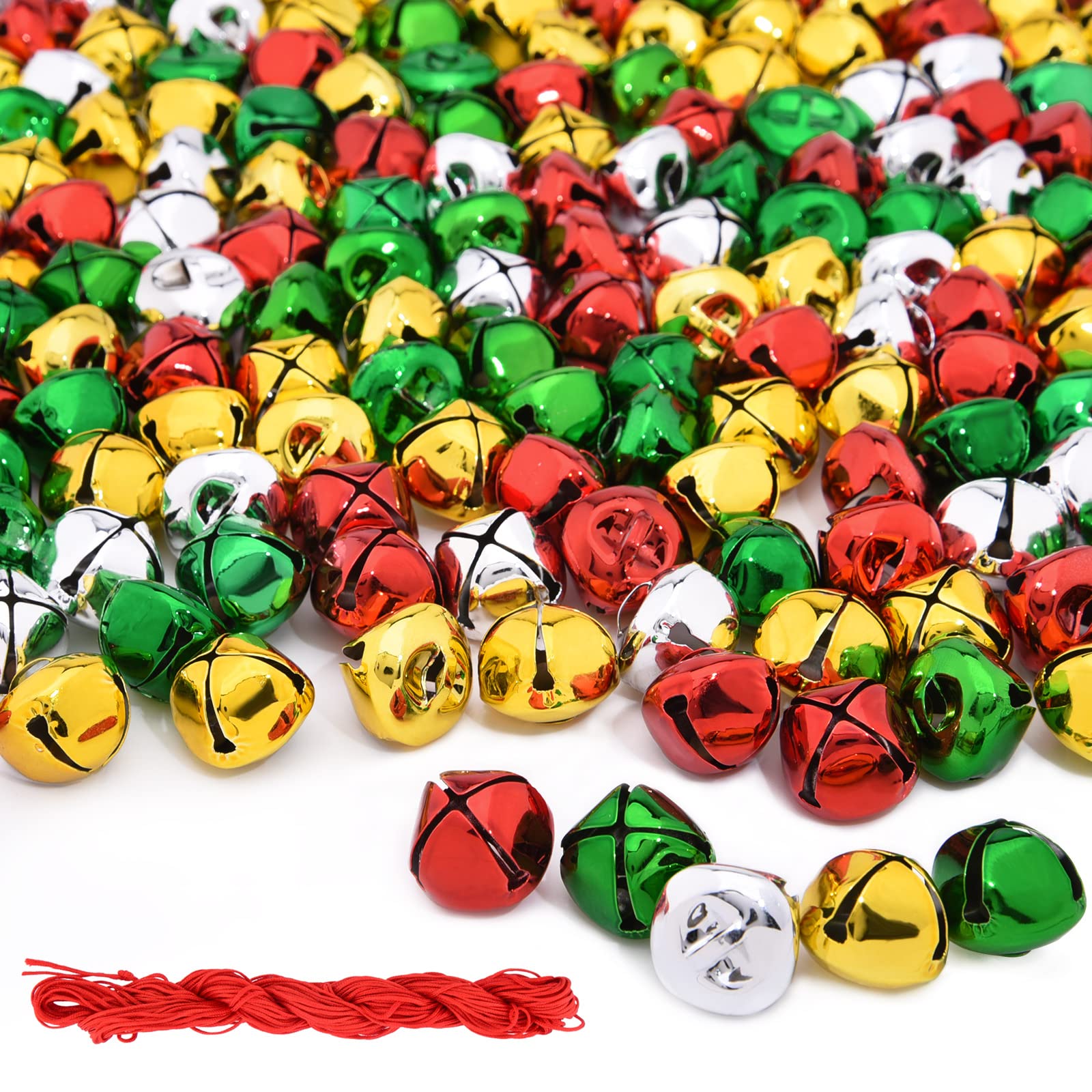 Hapeper 120 Pieces 1 Inch Christmas Bells Red Green Gold Silver Craft Metal Bells (Mixed Color)