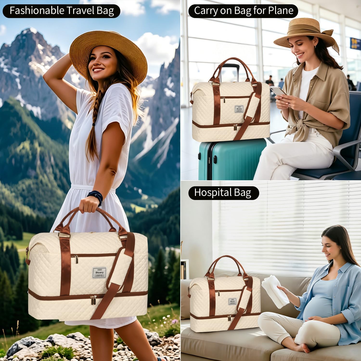 Stuery Weekender Bags for Women with Toiletry Bags: Large Overnight Bags Travel Duffel Bag Carry On Shoulder Weekend Tote with Shoe Compartment and Wet Pocket for Girls Airplane Traveling,Beige
