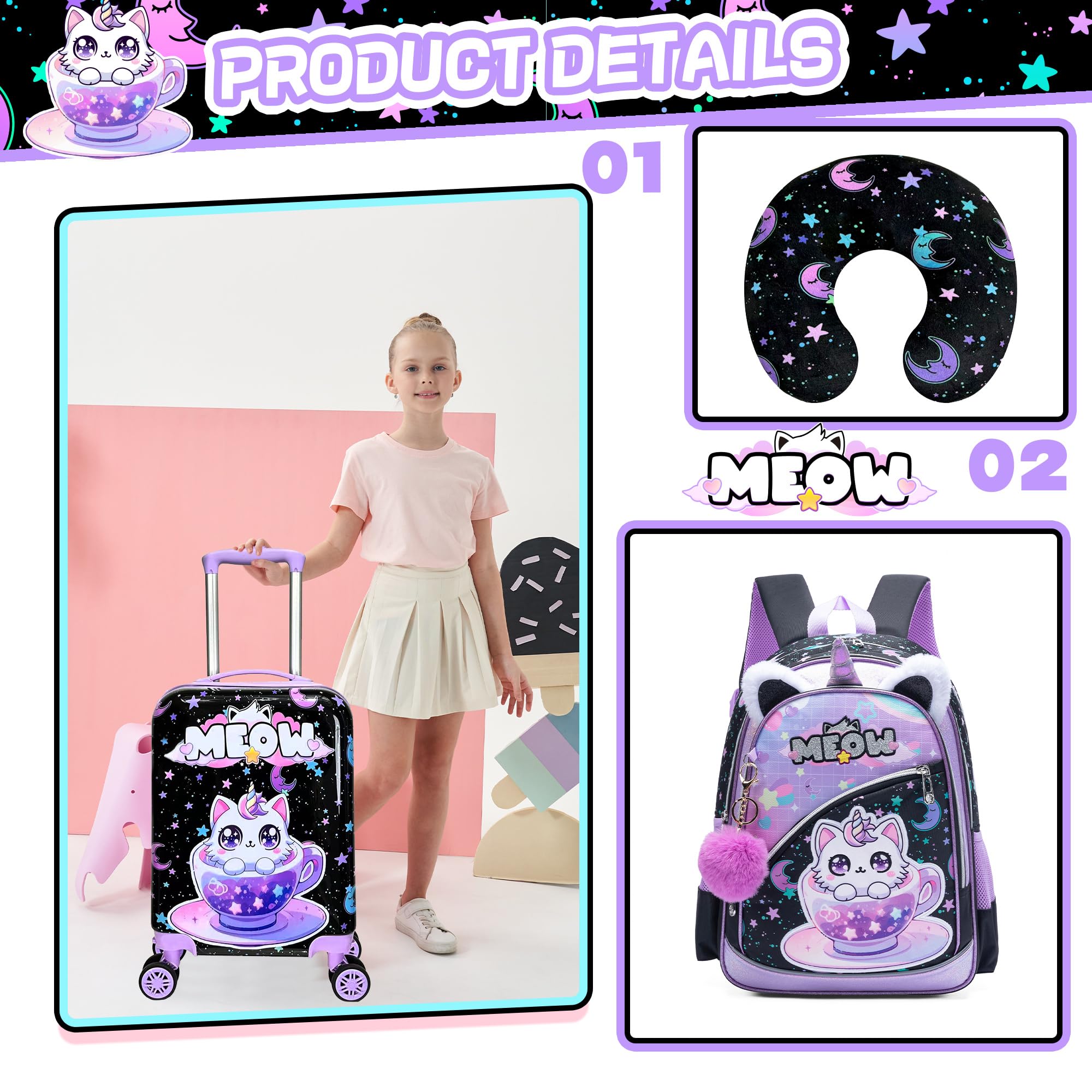 5tlg Kinderkoffer Set mit Rucksack, Kinder Reisekoffer mit Rucksack, Reisetasche für Kinder, Nackenkissen & Kofferanhänger, Reisetrolley mit Rollen für kinder Hartschalenkoffer für Jungen und Mädchen