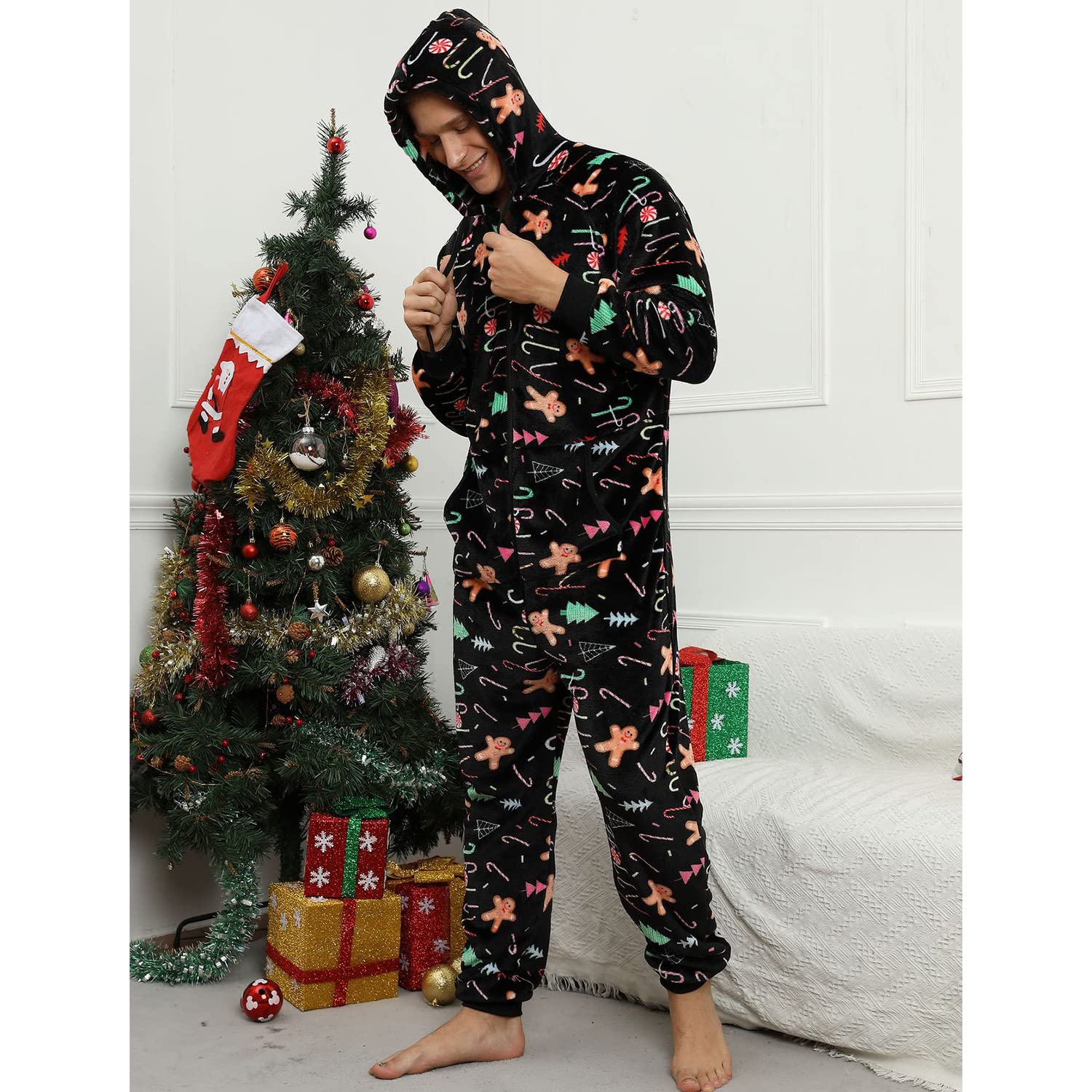 Pijama Navidad Una Pieza Hombre Franela Pijamas Mono Entero con Capucha Manga Larga Invierno Calentito Jumpsuit Adulto Onesie Ropa de Casa Dormir Caramelo de Navidad Negro XL