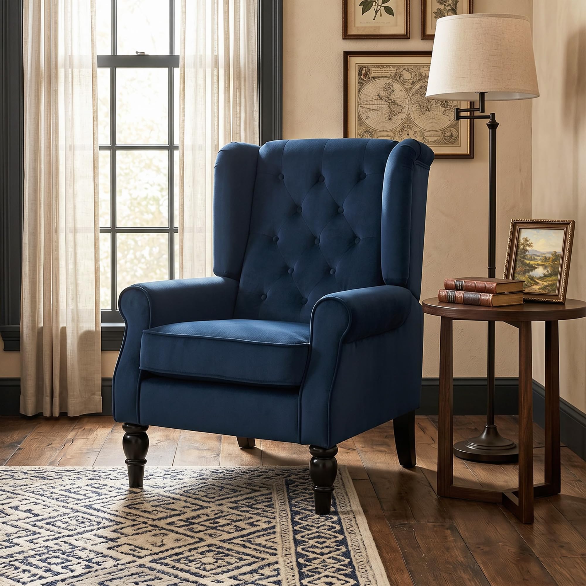 HOMCOM Fauteuil de Salon, Fauteuil Capitonné avec Pieds en Bois, Assise Large, Grand Confort, Style Classique, 74 x 86 x 102 cm, Bleu Foncé