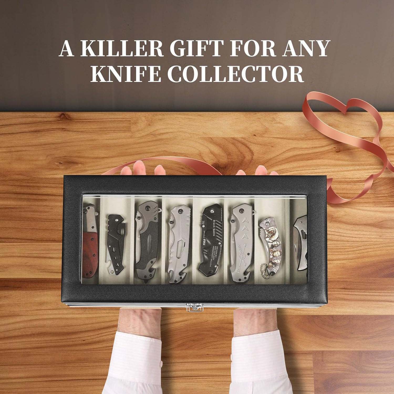 AUTOARK 3-Tier PU Leather & Velvet Knife Organizer with 26 Slots,Transparent Glass Top & Drawer,Compact Storage for Pocket Knives,Ideal for Men's Collections & Gifts,Black,MKAW016