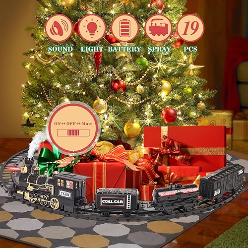 Miniatura 2 de OleFun Juego de tren, tren negro eléctrico con vapor de agua, sonidos y luces, modelo de tren de Navidad para debajo del árbol, kit de ferrocarril