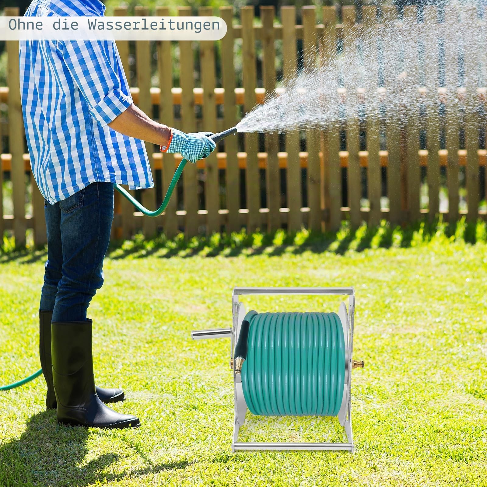 Edelstahl Schlauchtrommel Gartenschlauch Trommel, Handbuch Schlauchrolle Schlauchwagen Wasserschlauch-Aufbewahrungsgestell, Unverzichtbares Gartenzubehör für Ordentliche Schlauchaufbewahrung