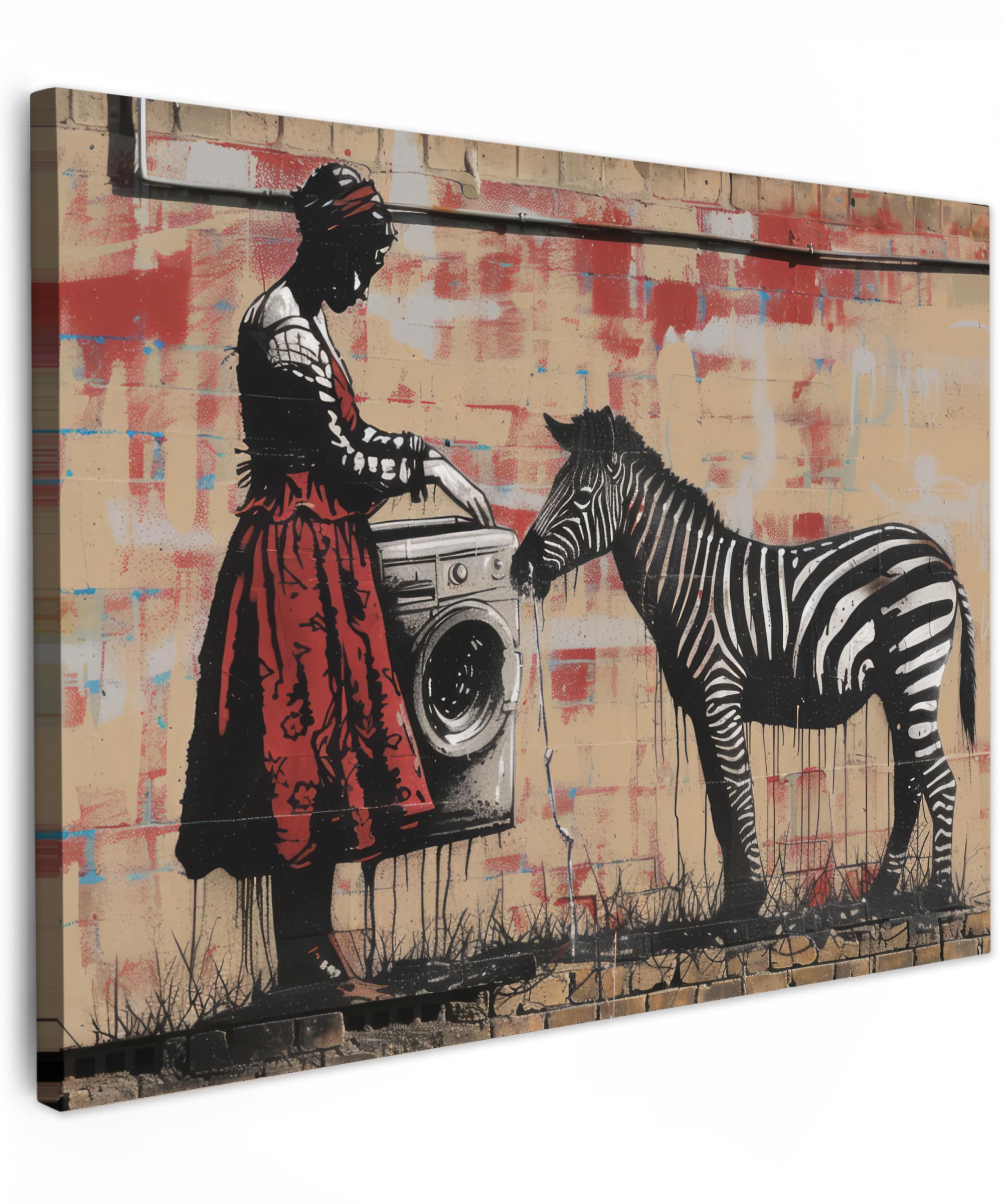 MuchoWow© Canvas Wall Art Work 28"x20" / 70x50 cm Room Decor Painting Wallfillers Picture Decoration Prints Street art - Zebra - Woman - Animals - Graffiti - Banksy — image 1