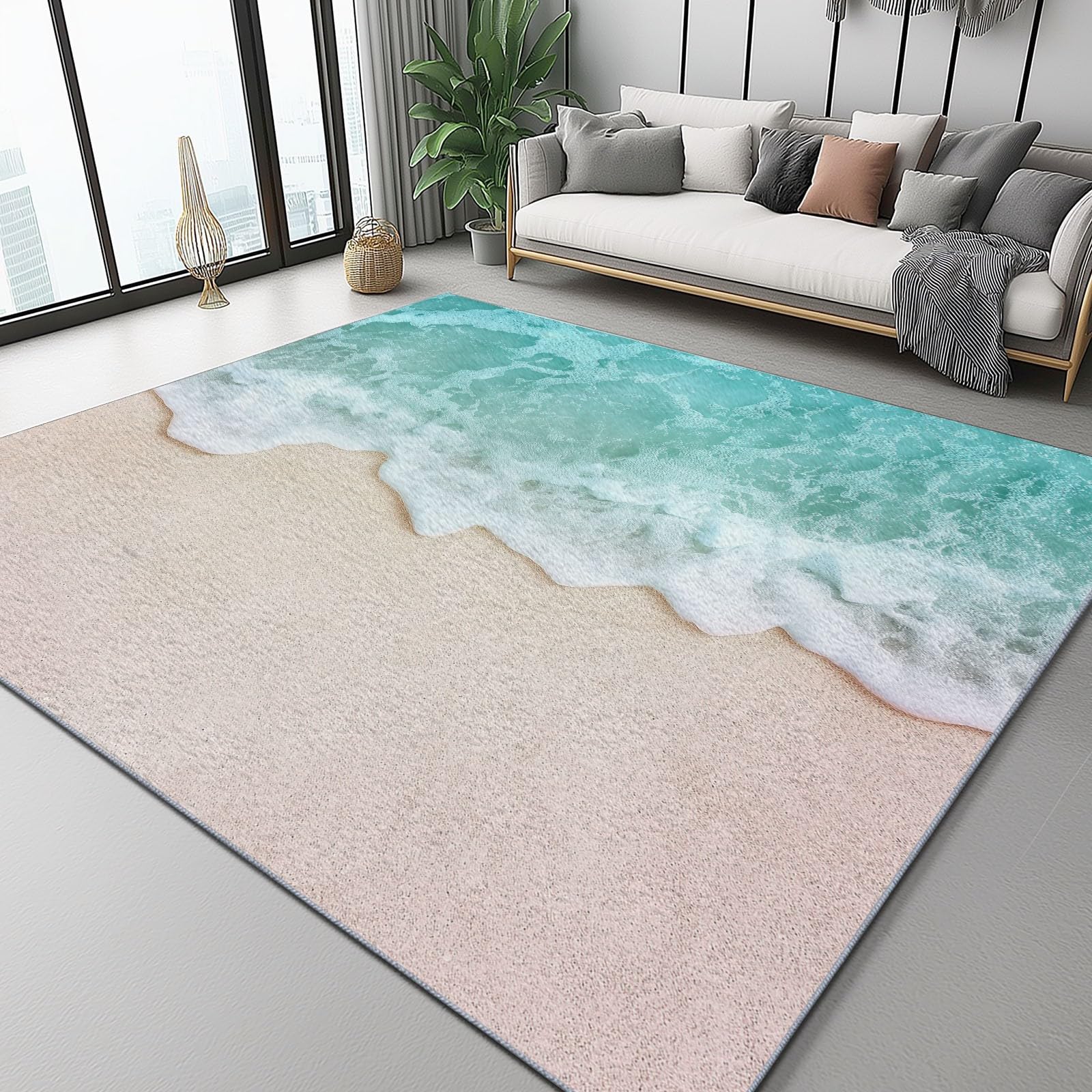 Nature Tapis de Salon, Couleur Claire Antidérapant Lavable en Machine Tapis Flanelle Douce, Moquette Motif Plage Flots pour Chambre Bureau Cuisine Decoration, 150x210 cm
