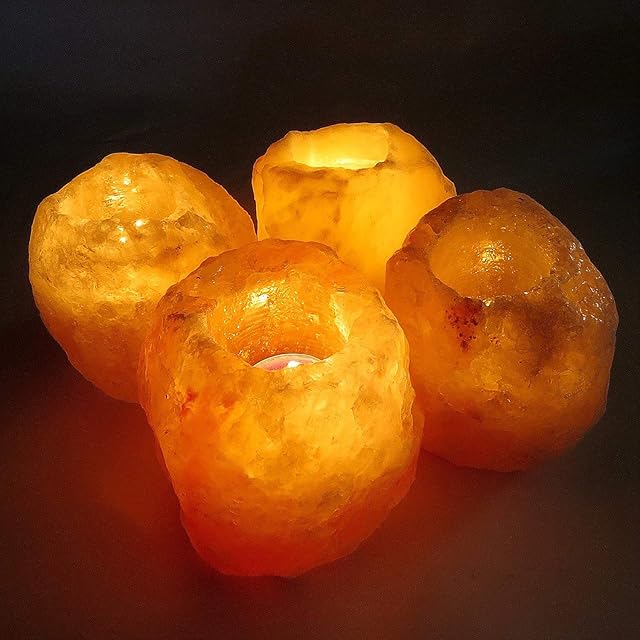4 x Pack Himalayan Rock Salt Lamp Tea Light Candle Holder, Natural Pink Hymalian Crystal Rock Salt Lamp Tealight Candles T-Light for Aromatherapy Xmas Gift Set