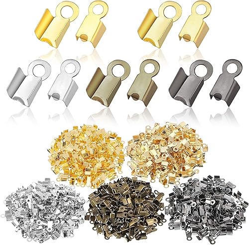 1000 puntas de cordón plegables de cuero para engarzar, puntas de cierre de cinta, tapas de joyería para fabricación de joyas, 0.14 x 0.35 pulgadas,