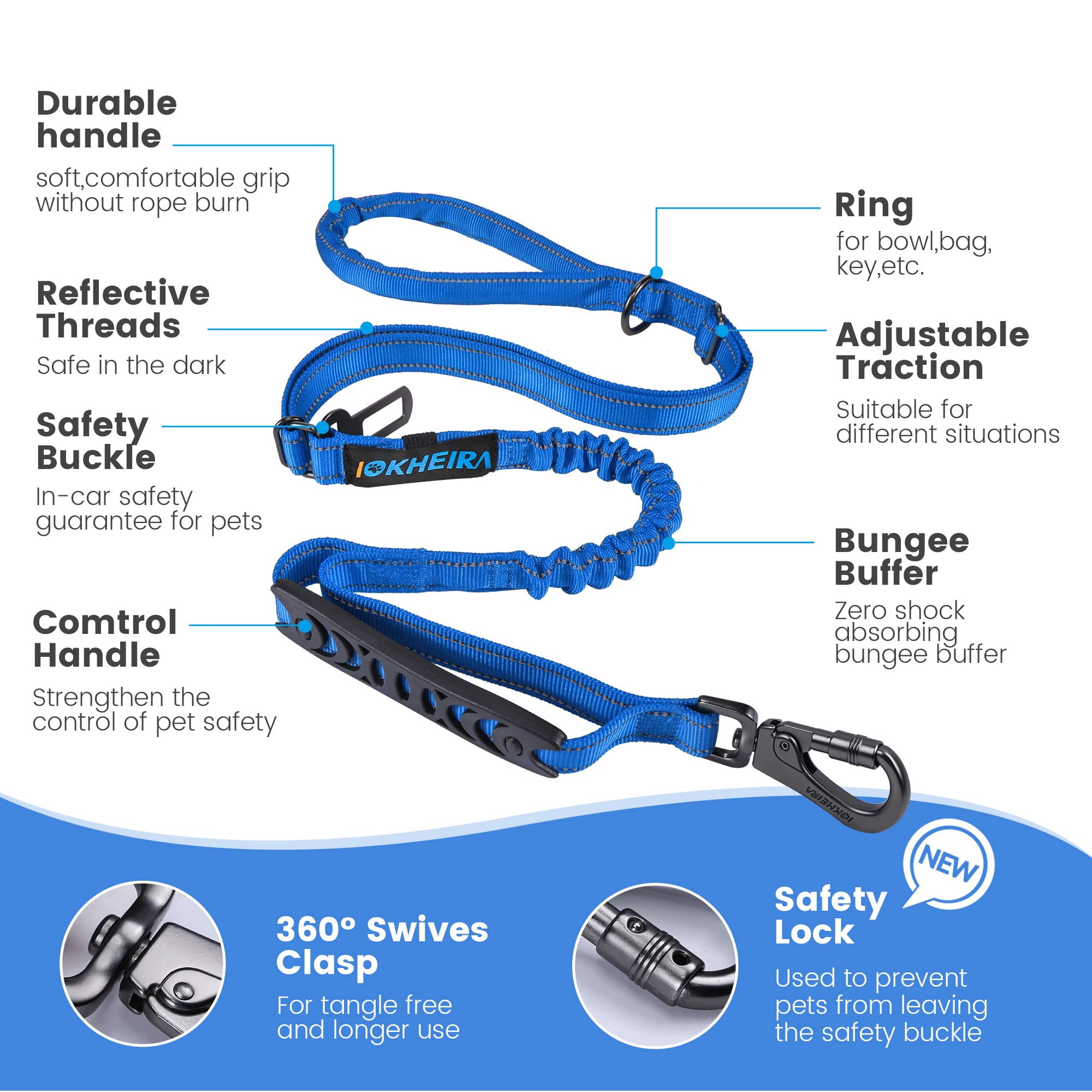 IOKHEIRA 6Ft /4Ft Dog Leash Rope for Large Dogs, Heavy Duty with Comfortable Padded Handle and Highly Reflective Threads,4-in-1 Multifunctional Dog Leashes with Car Seat Belt for Training (Blue)