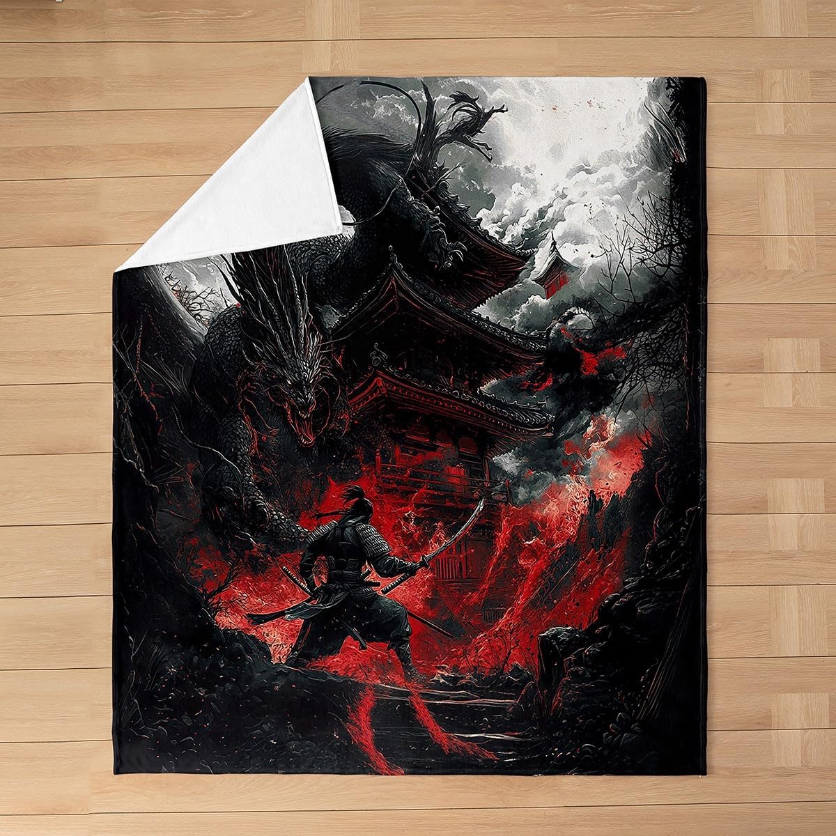 Feelyou Dragon Plush Throw Blanket Queen 90"x90" Japanese Style Flannel Fleece Blanket for Boys Girls Teens Samurai All Season Bed Blanket Dragon Decor Blanket Room Decor Black Red