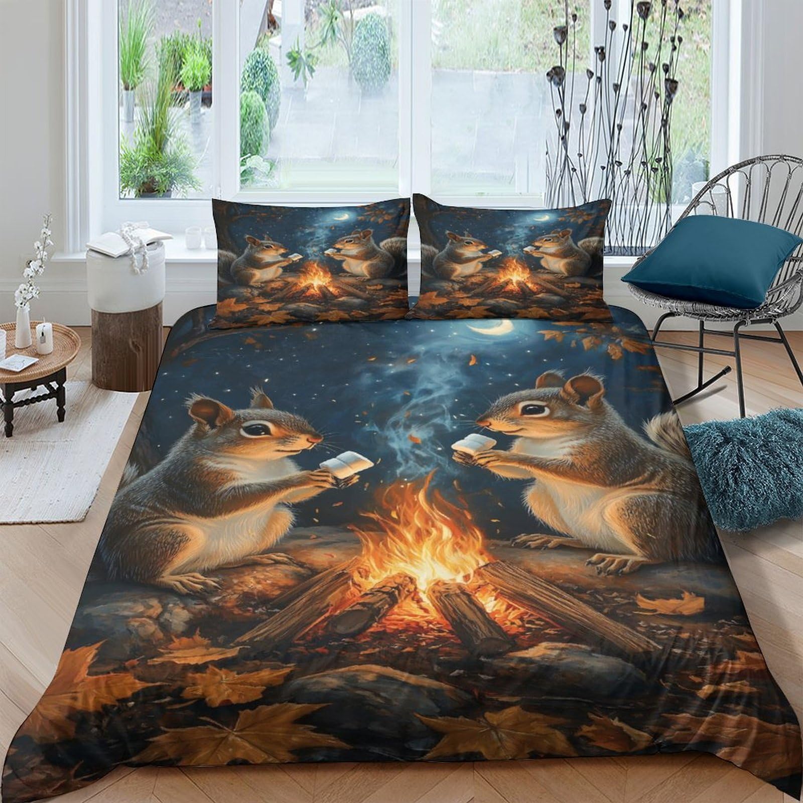 Ctjqhvkz Style-1 3D Printed Campfire Squirrel Fitted Sheet Microfiber Soft Autumn Forest Bed Cover For Bedroom Dorm Decor Mattress Protection Single（135X200cm）