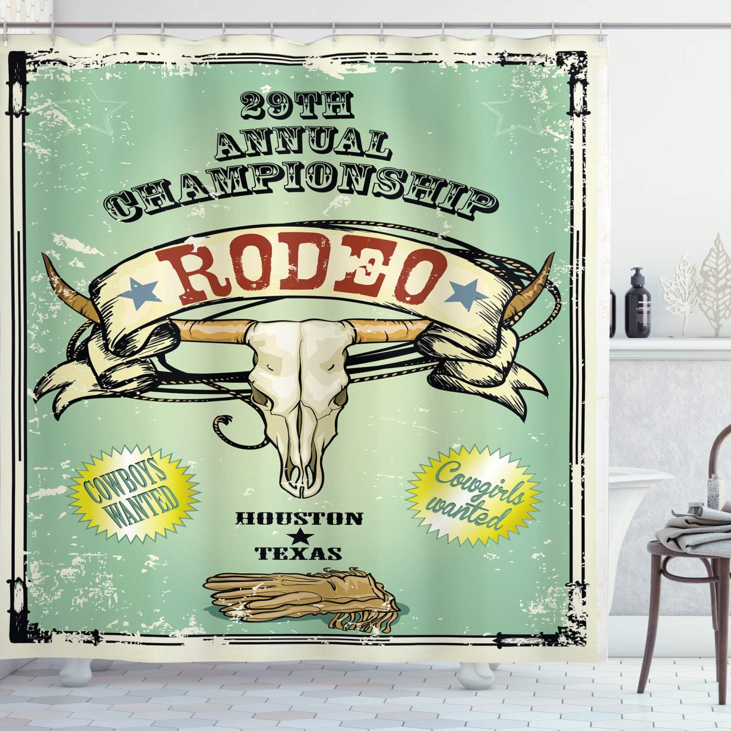 Ambesonne Western Shower Curtain, Retro Style Rodeo Championship Poster Bull Skull Large Horns with Banner Grungy, Cloth Fabric Bathroom Decor Set with Hooks, 69" W x 70" L, Seafoam Charcoal