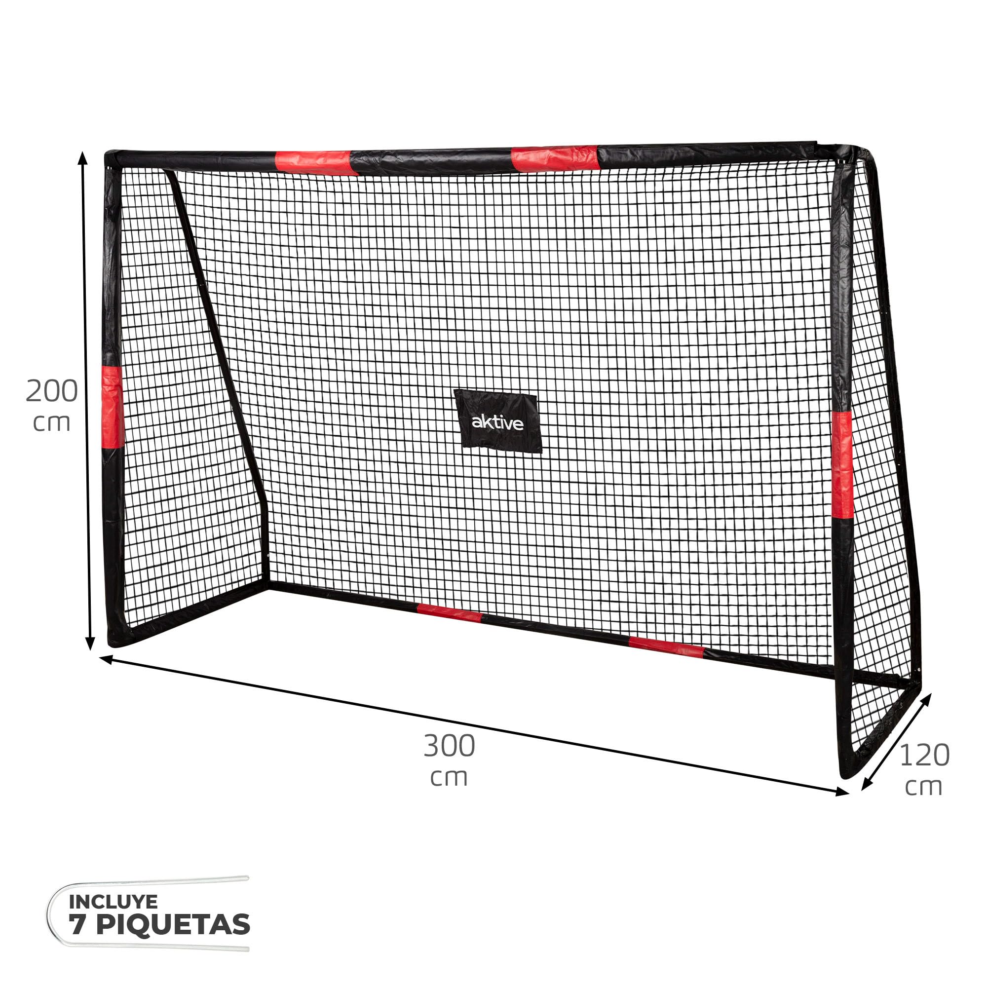 AKTIVE 54305 Fußballtor aus Stahl, Gestell abnehmbar, einfach zu montieren, 300 x 120 x 200 cm, mit Netz aus Polyester, inklusive 7 Heringen zur Befestigung, robust und leicht, optimal zum Training